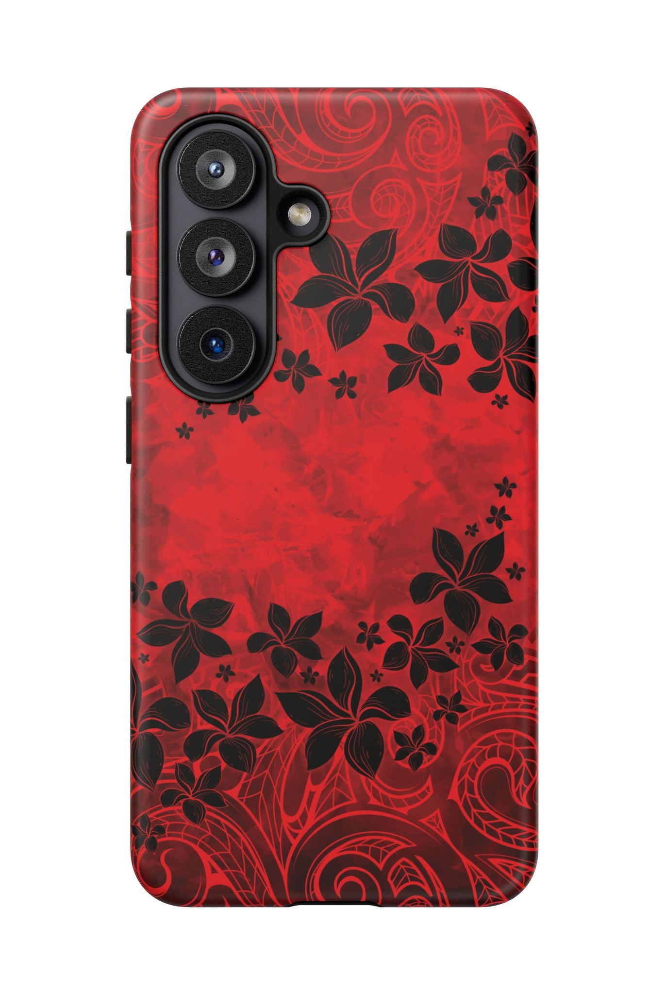 Woman holding Keahi Pua Tough Samsung Galaxy Case - Hawaiian Fire Flower Red Tribal Floral Design - The Local Banyan