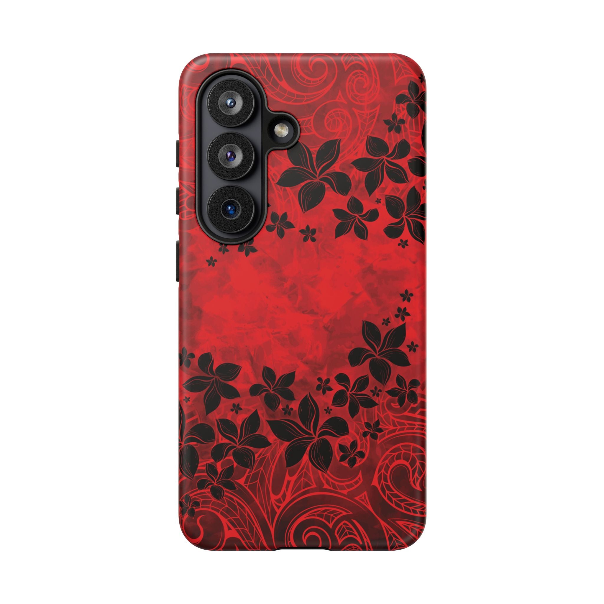 Woman holding Keahi Pua Tough Samsung Galaxy Case - Hawaiian Fire Flower Red Tribal Floral Design - The Local Banyan