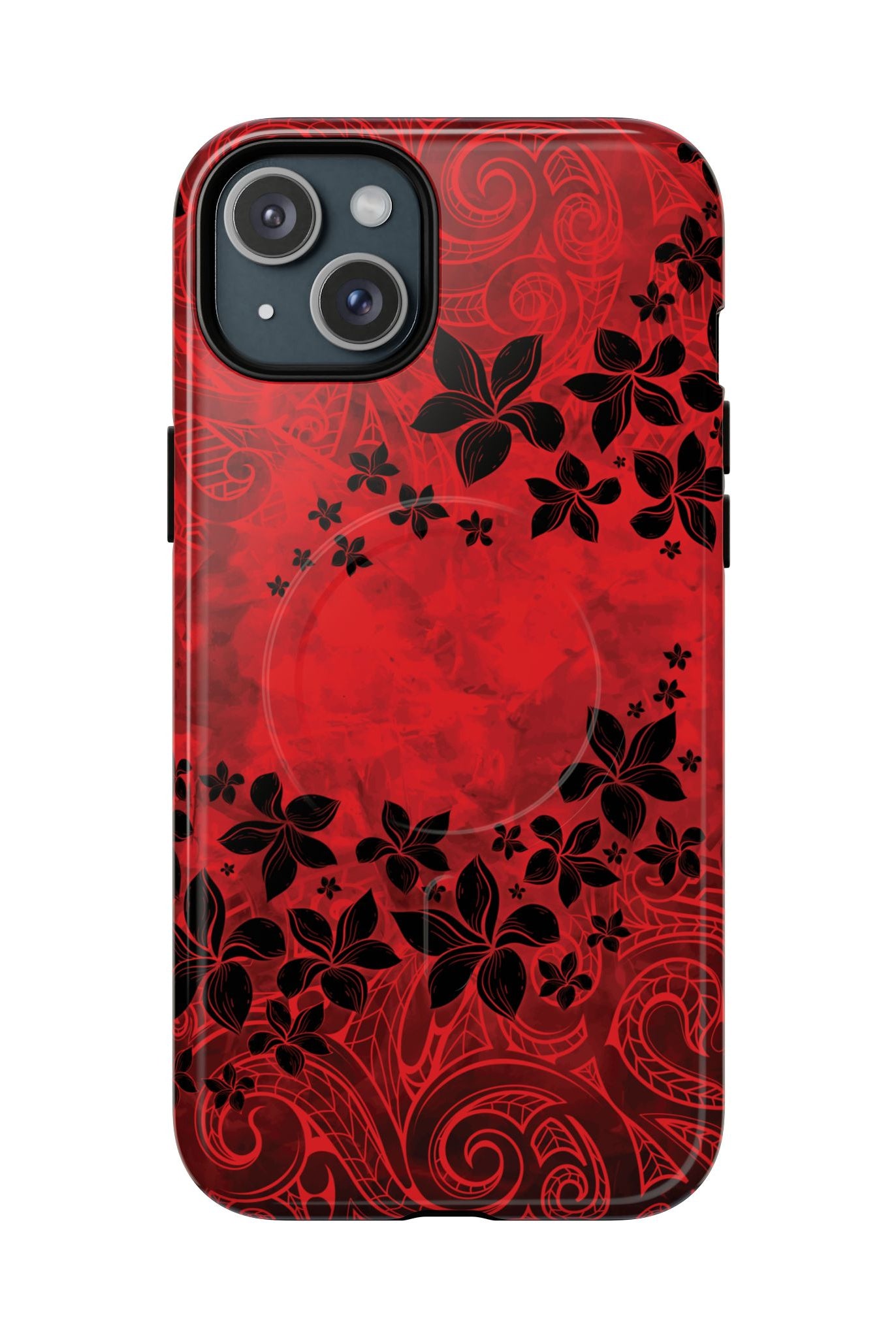 Keahi Pua MagSafe iPhone Case iPhone 15 Plus Glossy - Hawaiian Fire Flower Red Tribal Floral Design - The Local Banyan