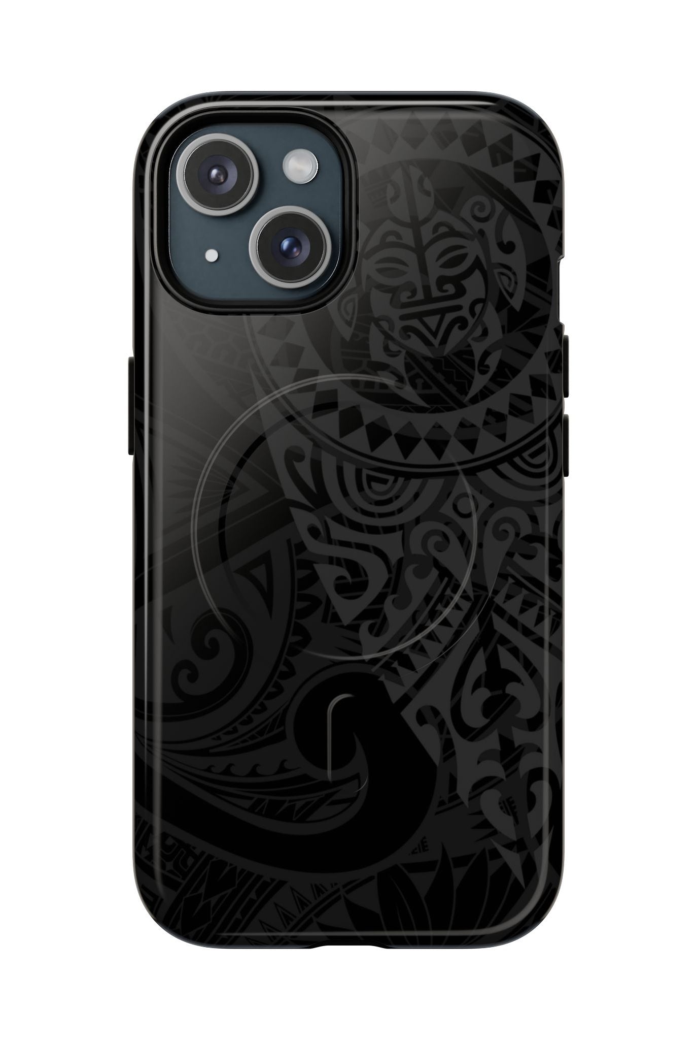 Tribal Guardian MagSafe iPhone Case iPhone 15 Glossy - Hawaiian Black on Black Polynesian Tribal Design - The Local Banyan