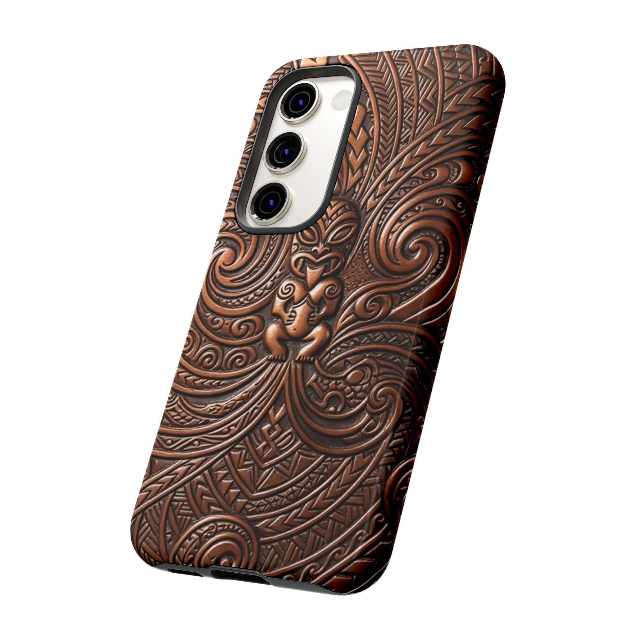 Woman holding Paa Guardian Tough Samsung Galaxy Case - Hawaiian Copper Carved Tiki Polynesian Design - The Local Banyan