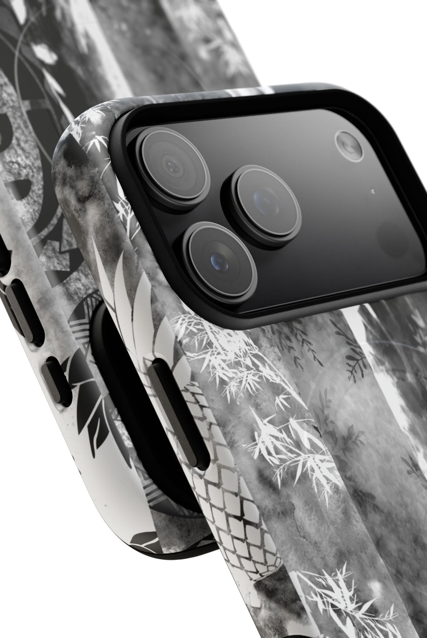 Woman holding Monochrome Oasis MagSafe iPhone Case - Hawaiian Black White Botanical Tribal Design - The Local Banyan
