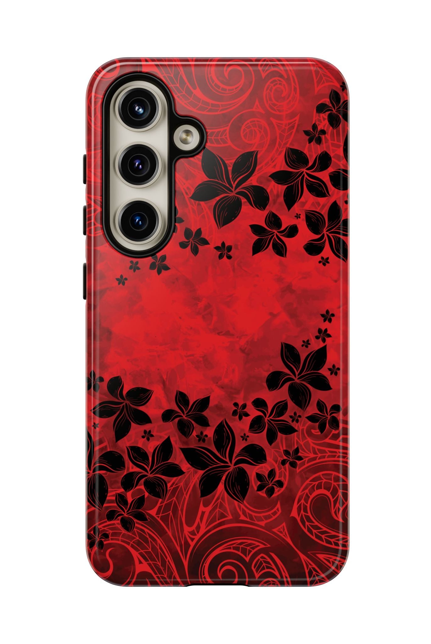 Woman holding Keahi Pua Tough Samsung Galaxy Case - Hawaiian Fire Flower Red Tribal Floral Design - The Local Banyan