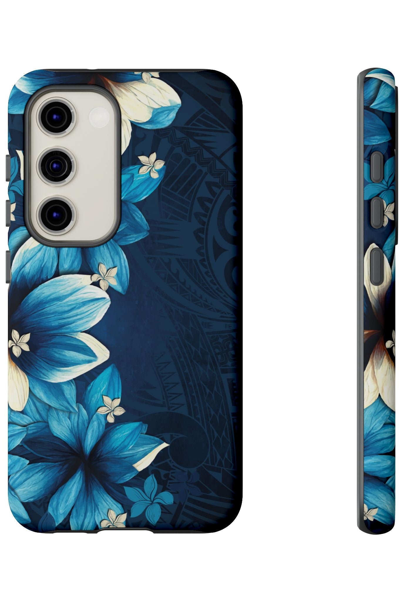 Leilani Nights Tough Samsung Galaxy Case Detail View - Hawaiian Dark Blue Floral Polynesian Design Close Up - The Local Banyan