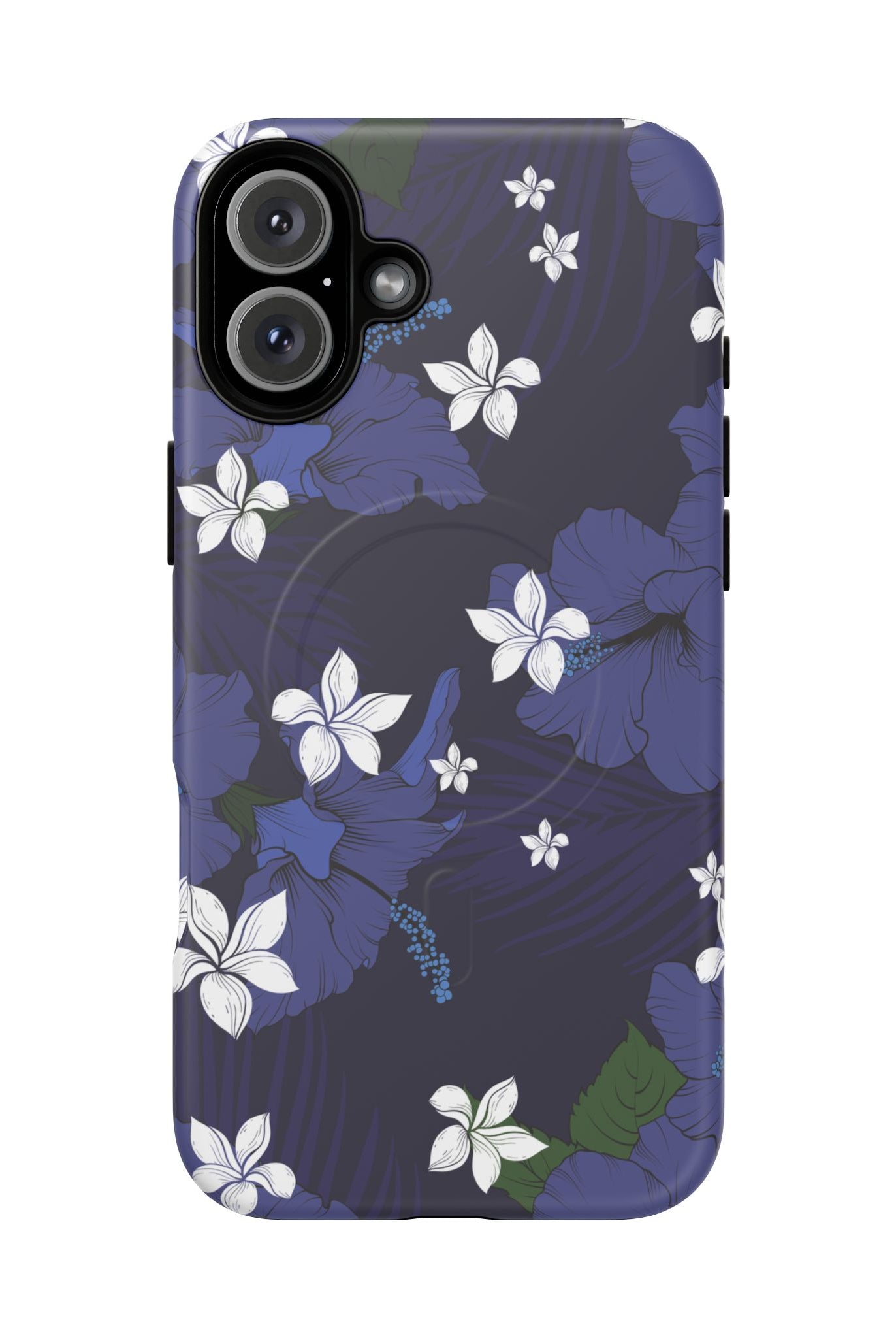 Vintage Blue MagSafe iPhone Case iPhone 16 Plus Matte - Hawaiian Indigo Hibiscus White Plumeria Design - The Local Banyan