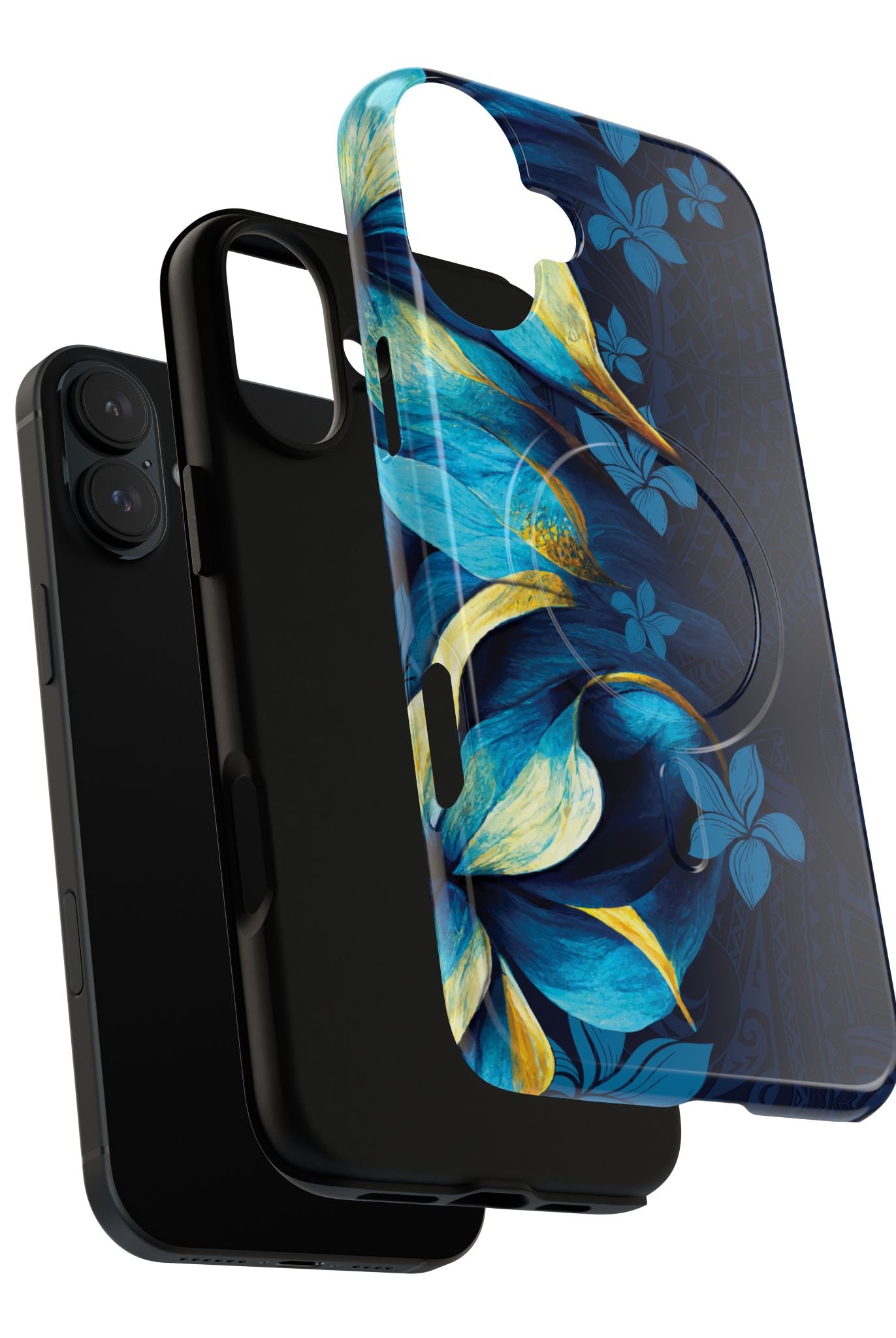 Po Mahina MagSafe iPhone Case Detail View - Hawaiian Moonlit Teal Gold Floral Design Close Up - The Local Banyan