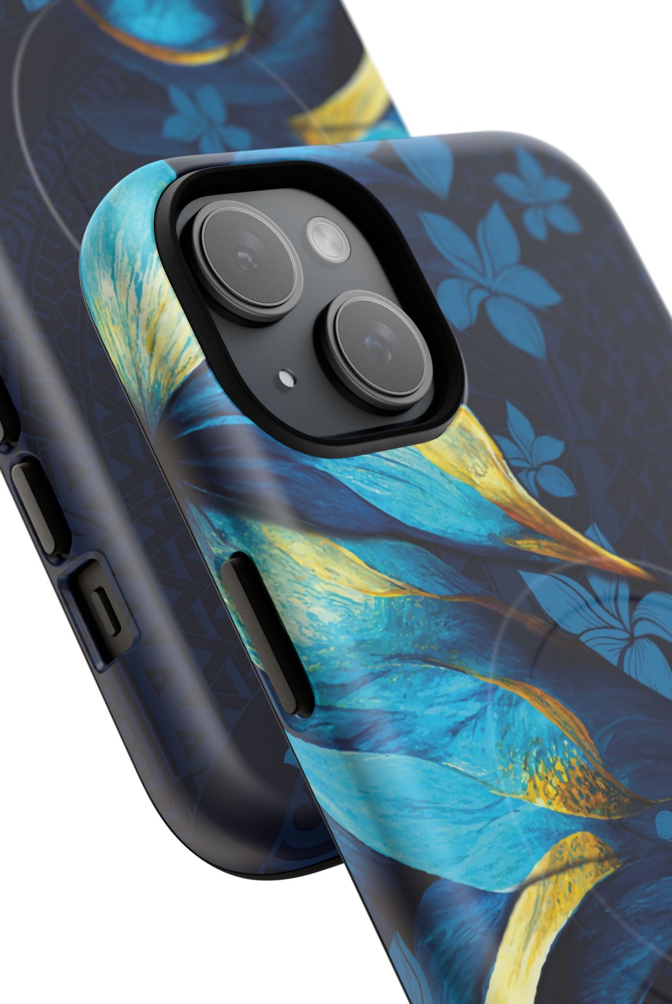 Woman holding Po Mahina MagSafe iPhone Case - Hawaiian Moonlit Teal Gold Floral Design - The Local Banyan