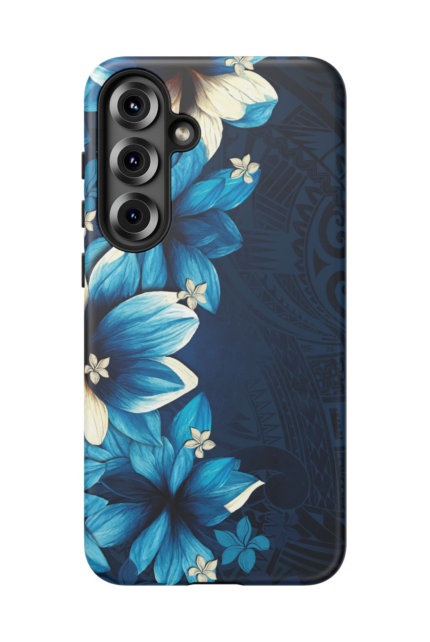 Woman holding Leilani Nights Tough Samsung Galaxy Case - Hawaiian Dark Blue Floral Polynesian Design - The Local Banyan