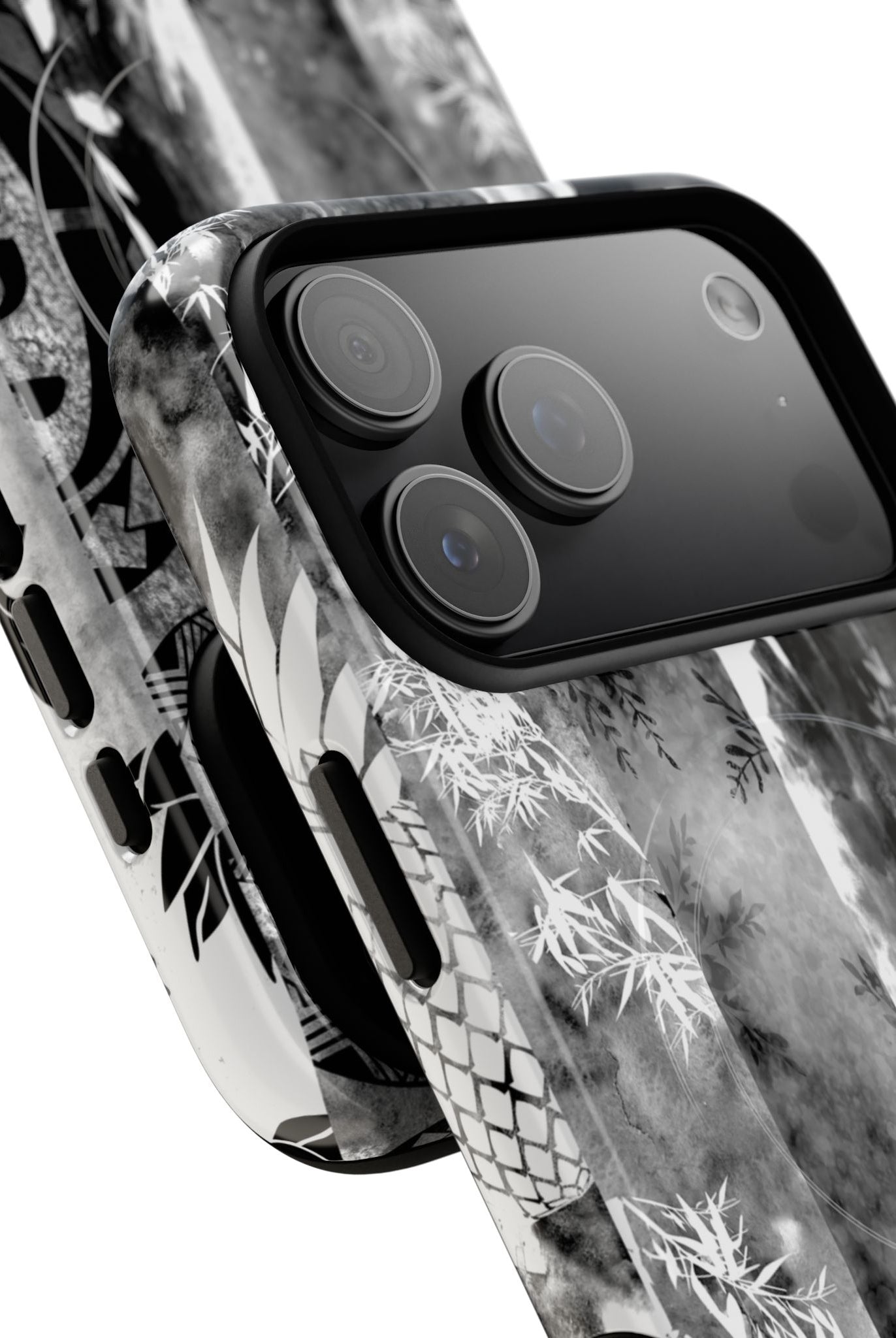 Monochrome Oasis MagSafe iPhone Case Detail View - Hawaiian Black White Botanical Tribal Design Close Up - The Local Banyan