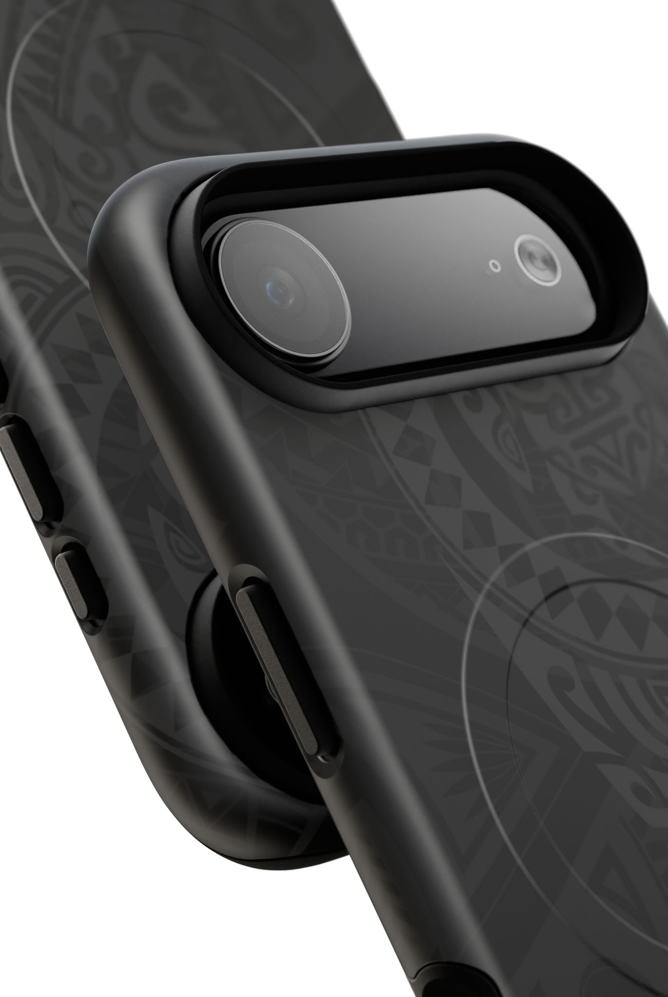 Woman holding Tribal Guardian MagSafe iPhone Case - Hawaiian Black on Black Polynesian Tribal Design - The Local Banyan