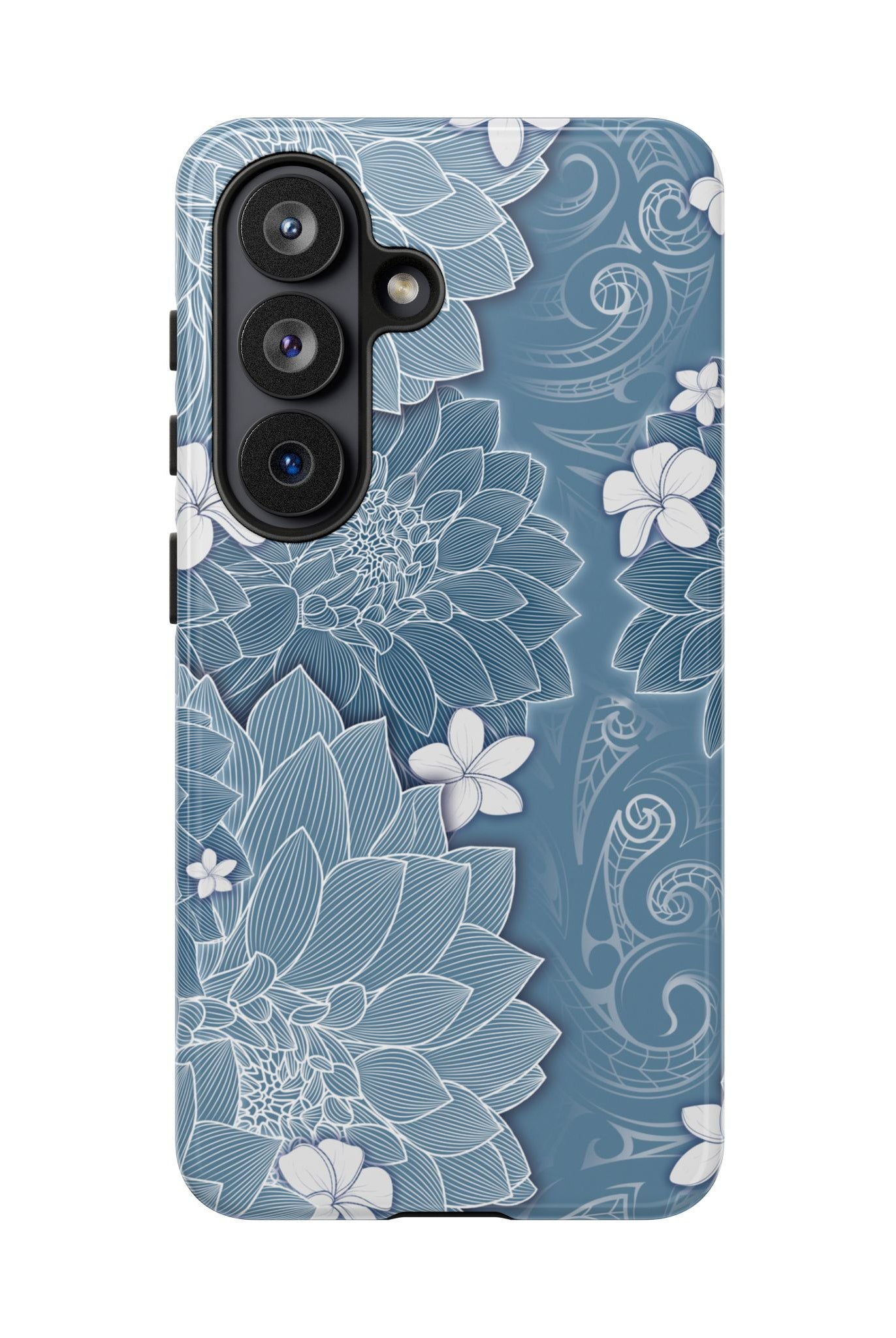 Woman holding Pua La Tough Samsung Galaxy Case - Hawaiian Golden Hibiscus Sun Flower Sapphire Design - The Local Banyan