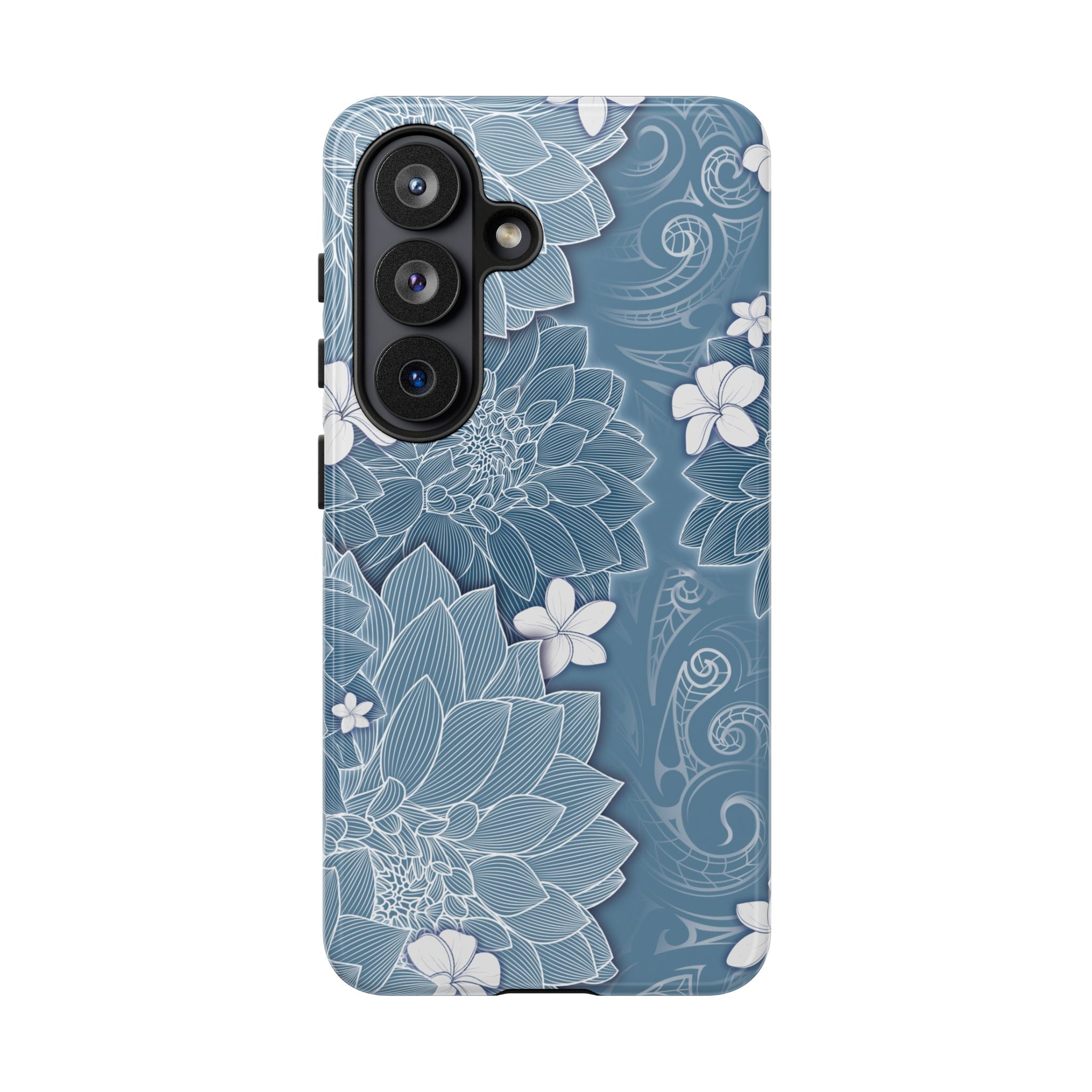 Woman holding Pua La Tough Samsung Galaxy Case - Hawaiian Golden Hibiscus Sun Flower Sapphire Design - The Local Banyan