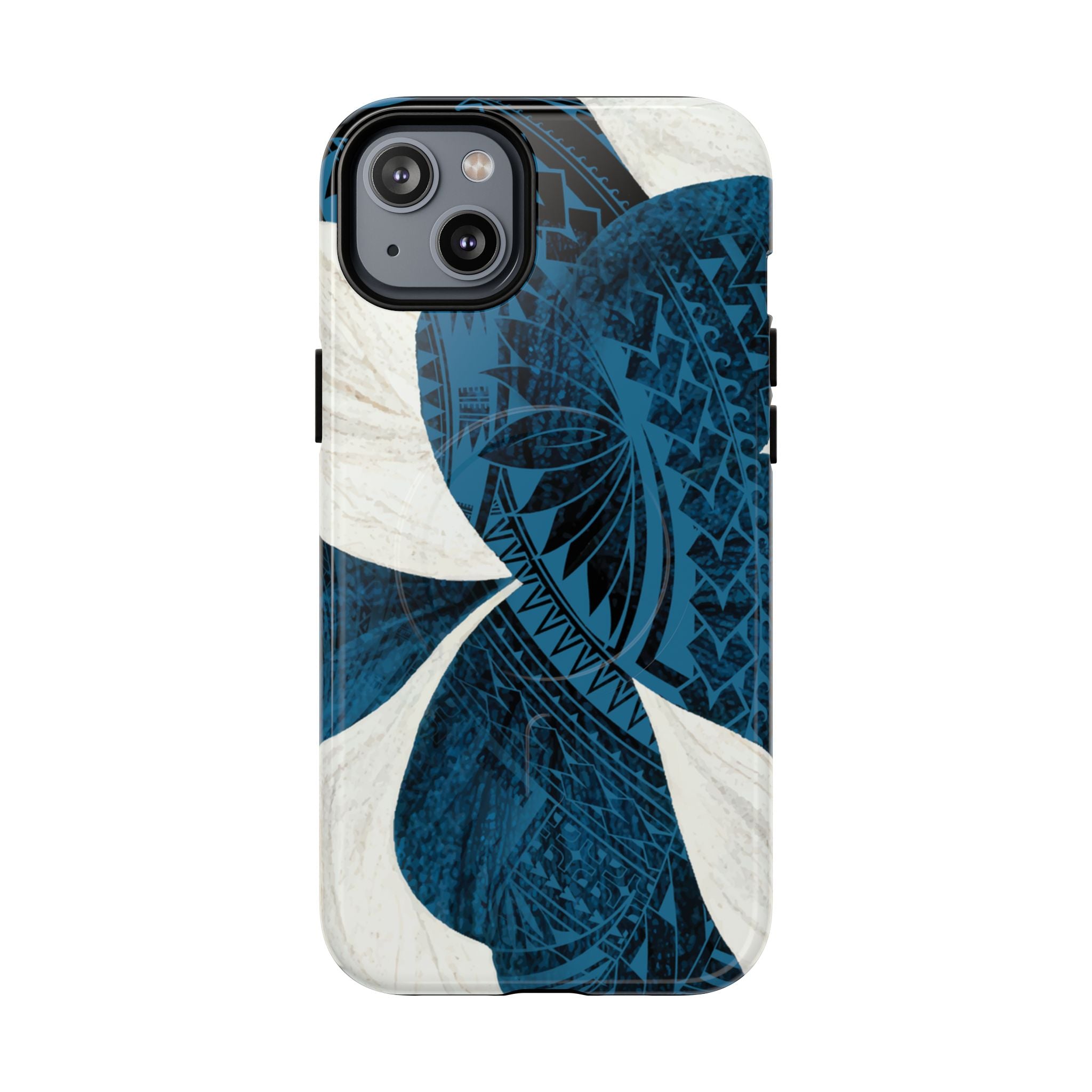 Hana Breeze MagSafe iPhone Case iPhone 14 Plus Glossy - Hawaiian Blue Plumeria Polynesian Botanical Design - The Local Banyan
