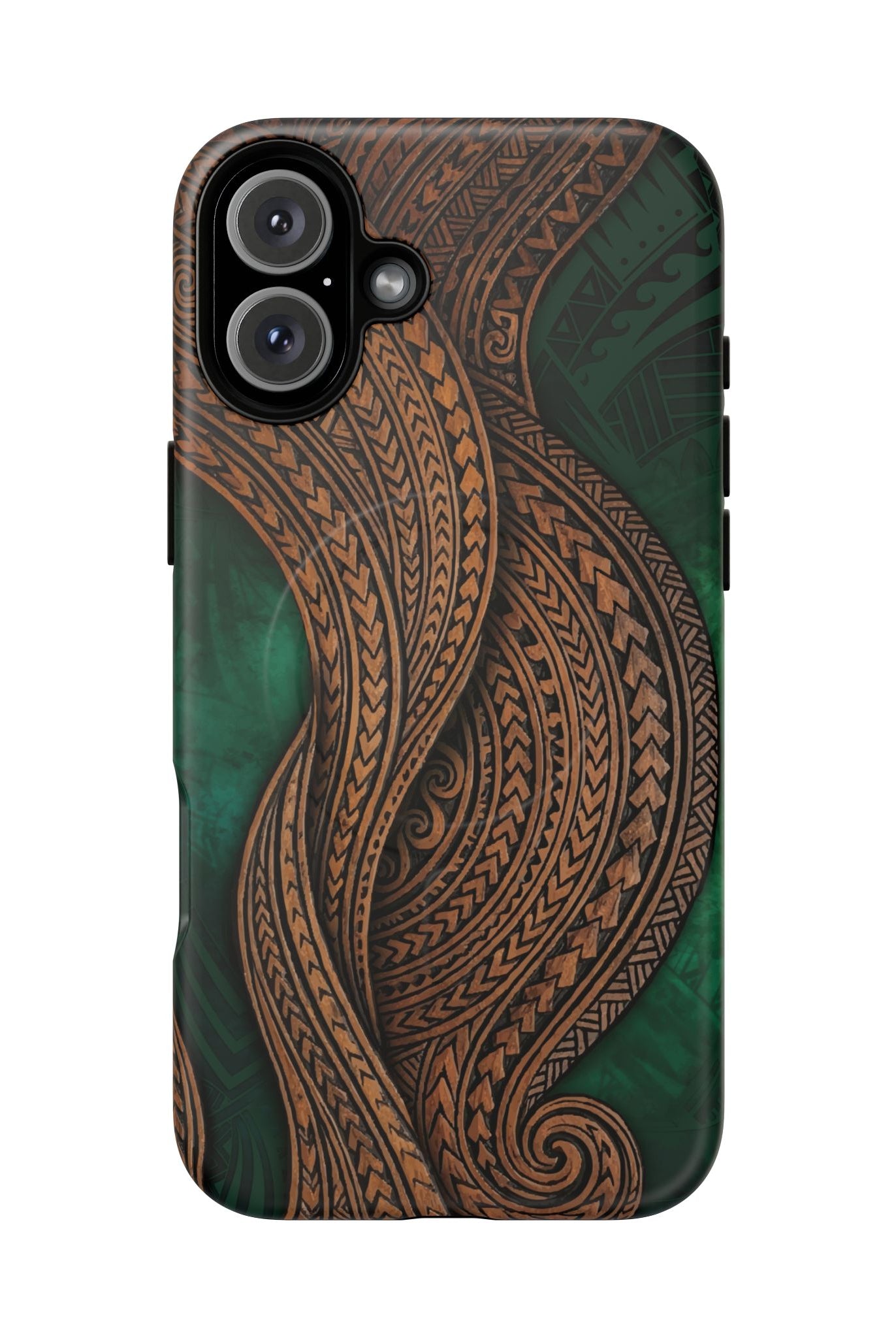 Island Kalai MagSafe iPhone Case Detail View - Hawaiian Carved Wood Grain Emerald Green Tribal Design Close Up - The Local Banyan