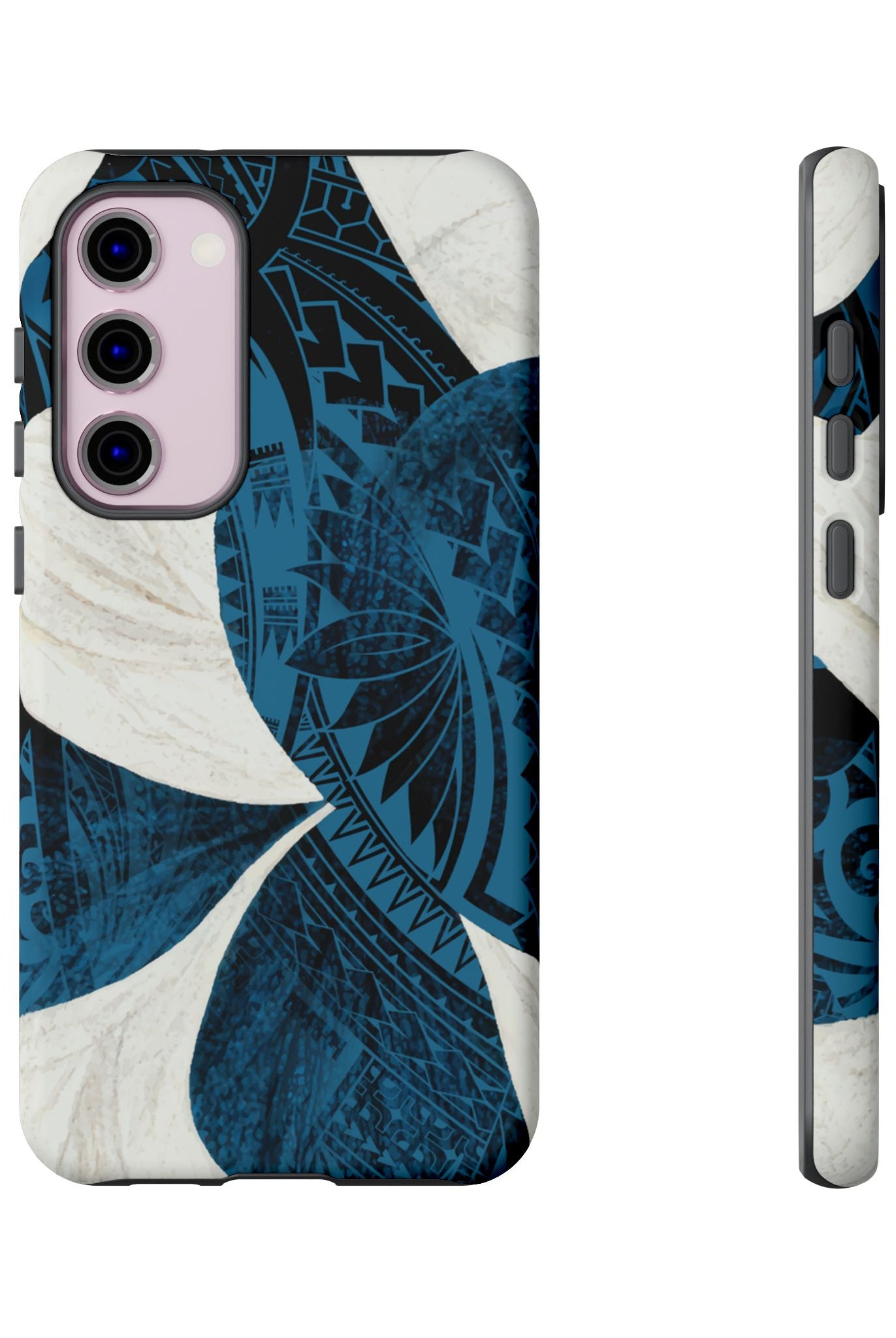 Woman holding Hana Breeze Tough Samsung Galaxy Case - Hawaiian Blue Plumeria Polynesian Botanical Design - The Local Banyan