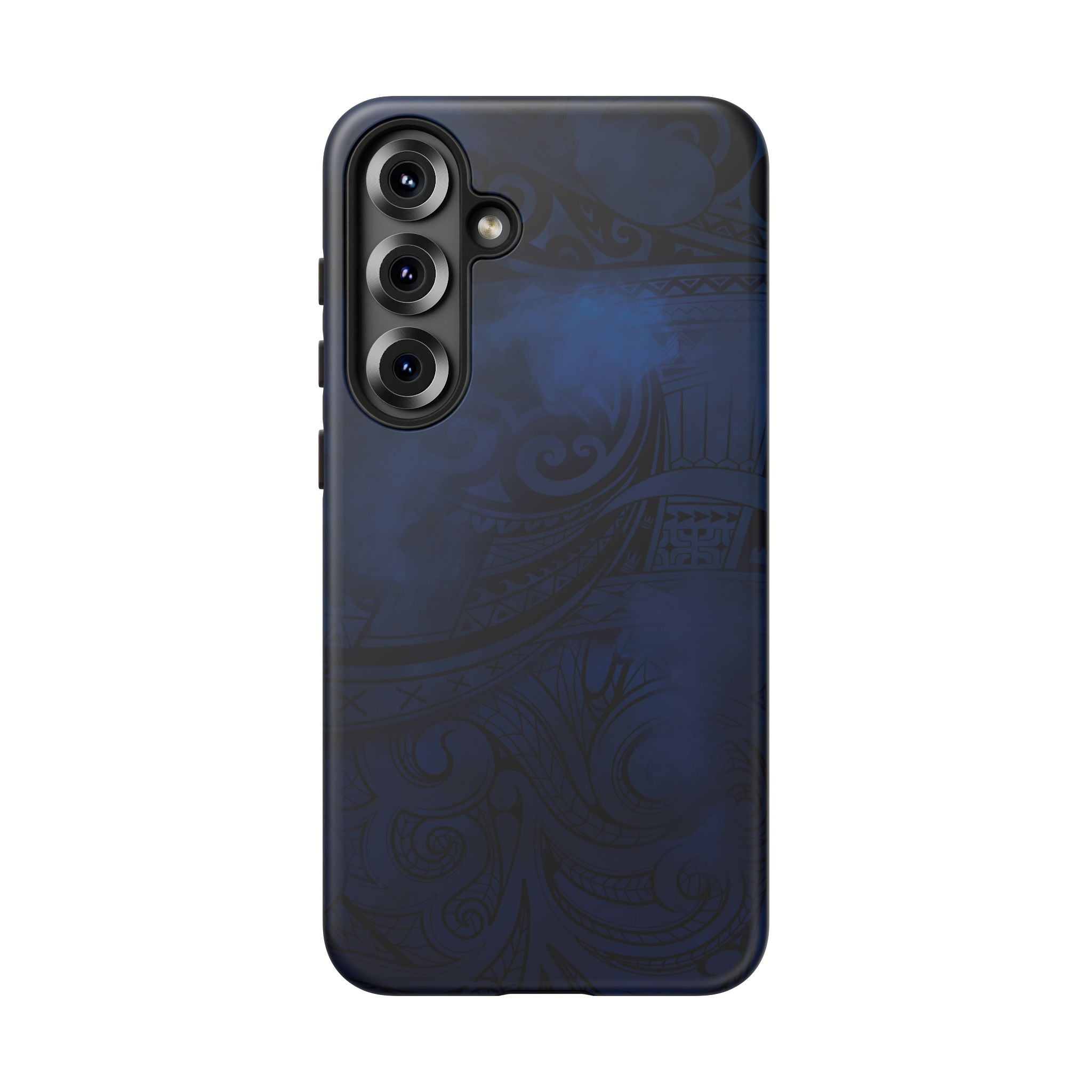 Woman holding Midnight Essence Tough Samsung Galaxy Case - Hawaiian Midnight Navy Polynesian Tribal Design - The Local Banyan