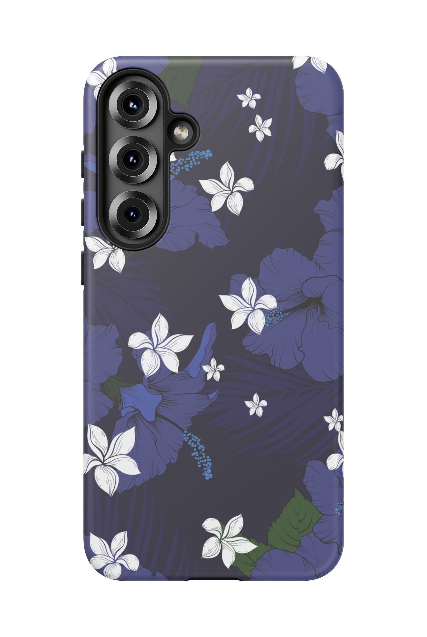 Vintage Blue Tough Samsung Galaxy Case Detail View - Hawaiian Indigo Hibiscus White Plumeria Design Close Up - The Local Banyan