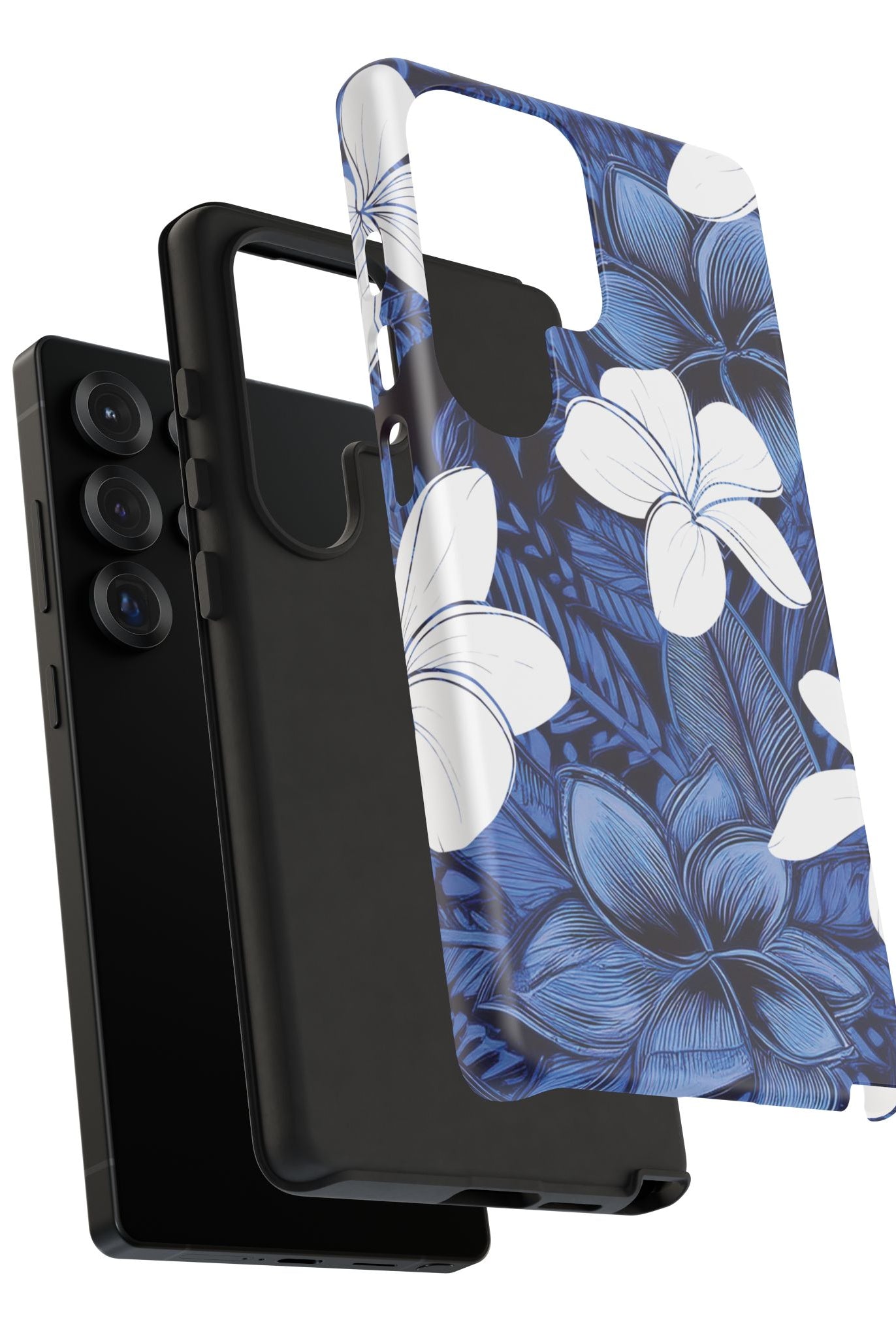 Eternal Blue Plumeria Tough Samsung Galaxy Case Side View - Dual Layer Drop Protection Hawaiian Phone Case - The Local Banyan