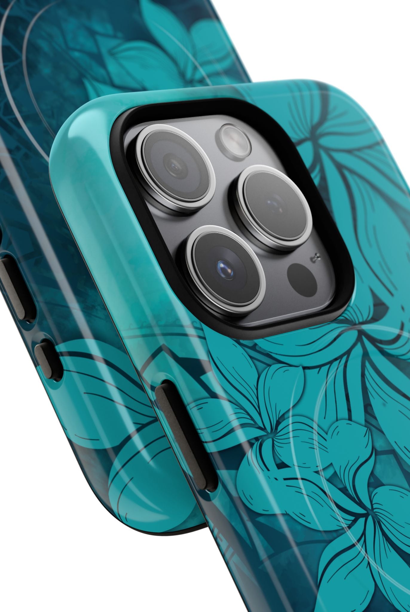Woman holding Moana Bloom MagSafe iPhone Case - Hawaiian Teal Plumeria Ocean Tribal Design - The Local Banyan