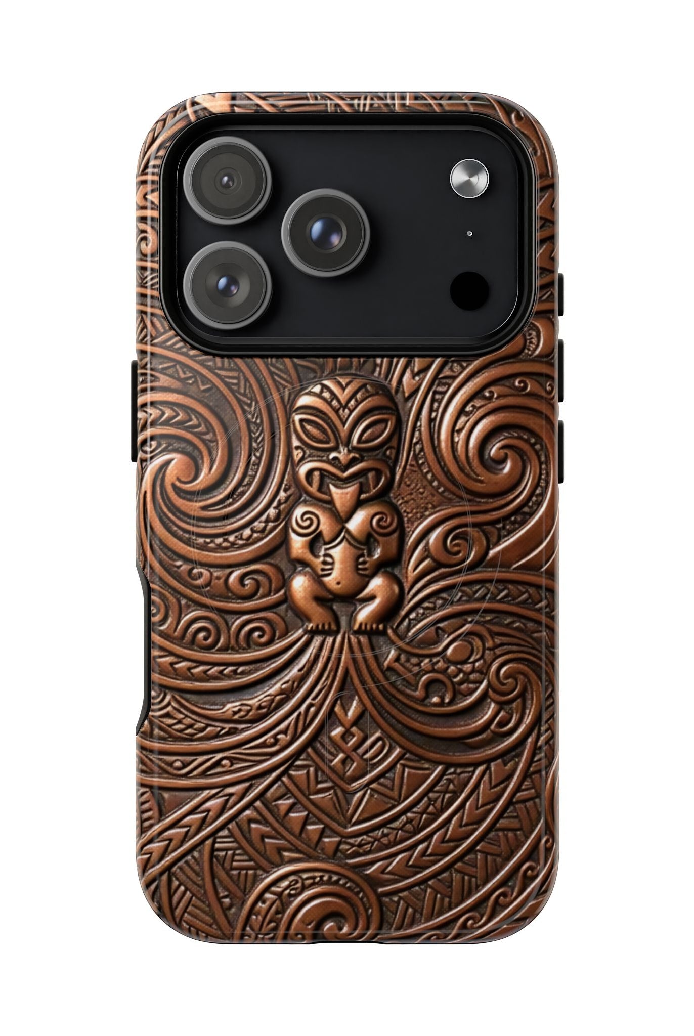 Paa Guardian MagSafe iPhone Case Detail View - Hawaiian Copper Carved Tiki Polynesian Design Close Up - The Local Banyan
