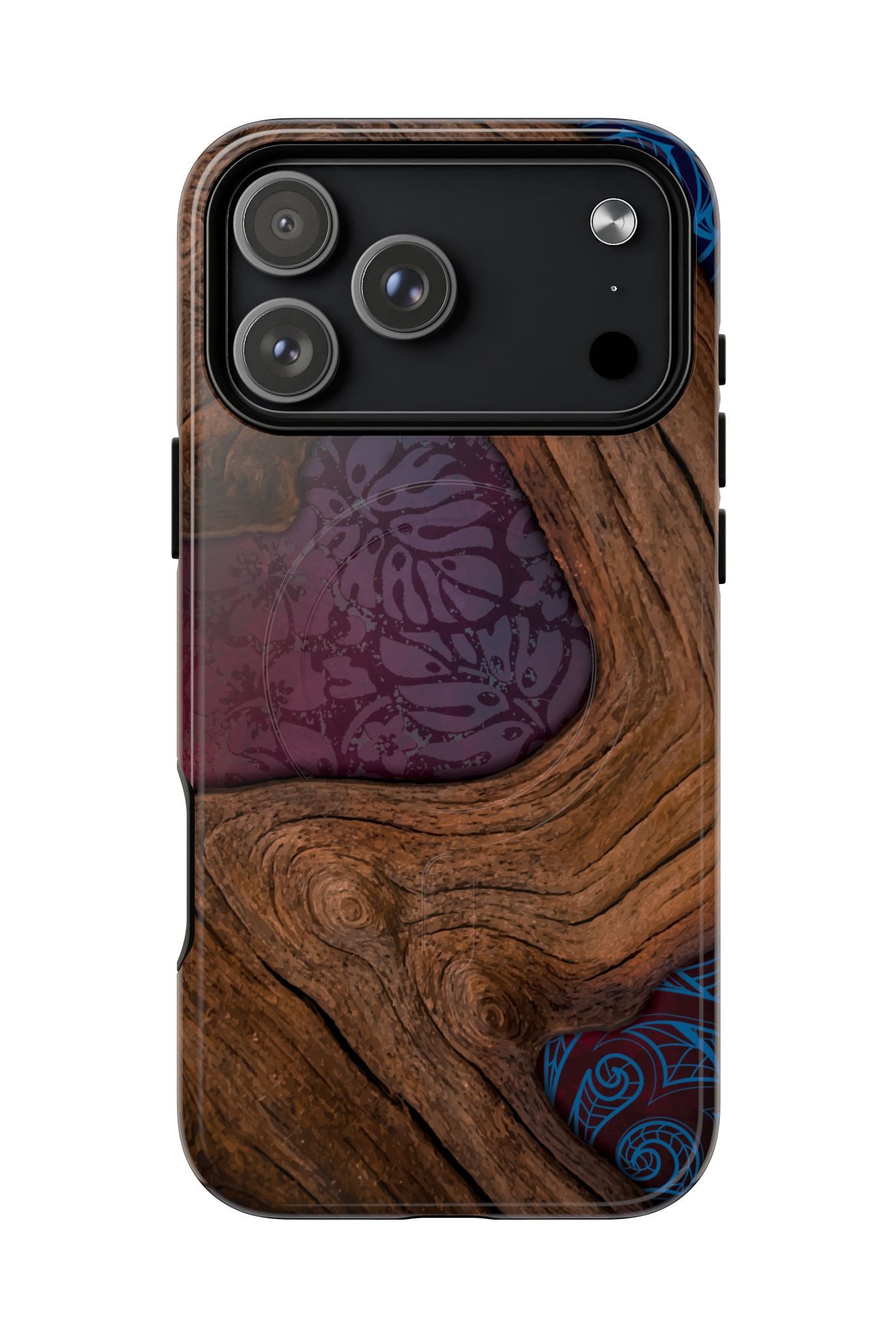 Woman holding Rooted MagSafe iPhone Case - Hawaiian Koa Wood Island Strength Tribal Design - The Local Banyan