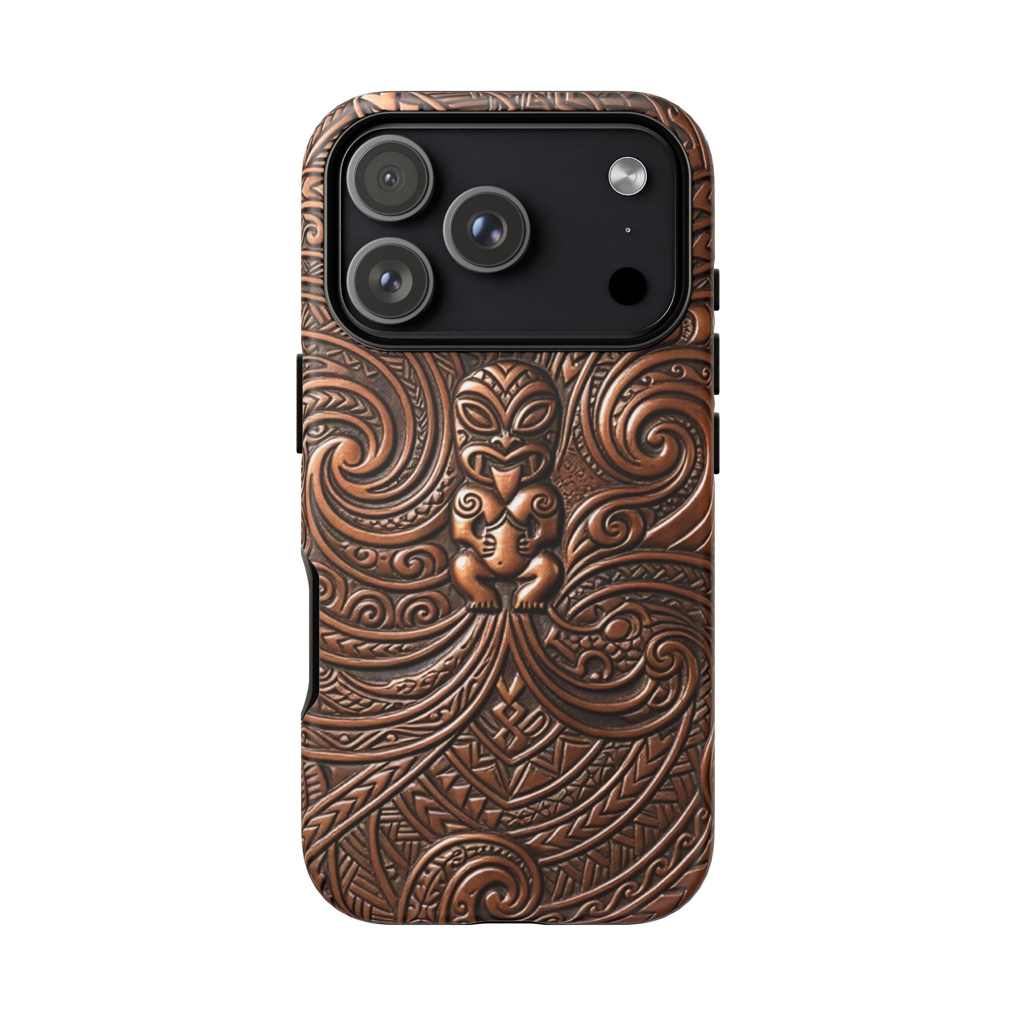 Woman holding Paa Guardian Tough iPhone Case - Hawaiian Copper Carved Tiki Polynesian Design - The Local Banyan