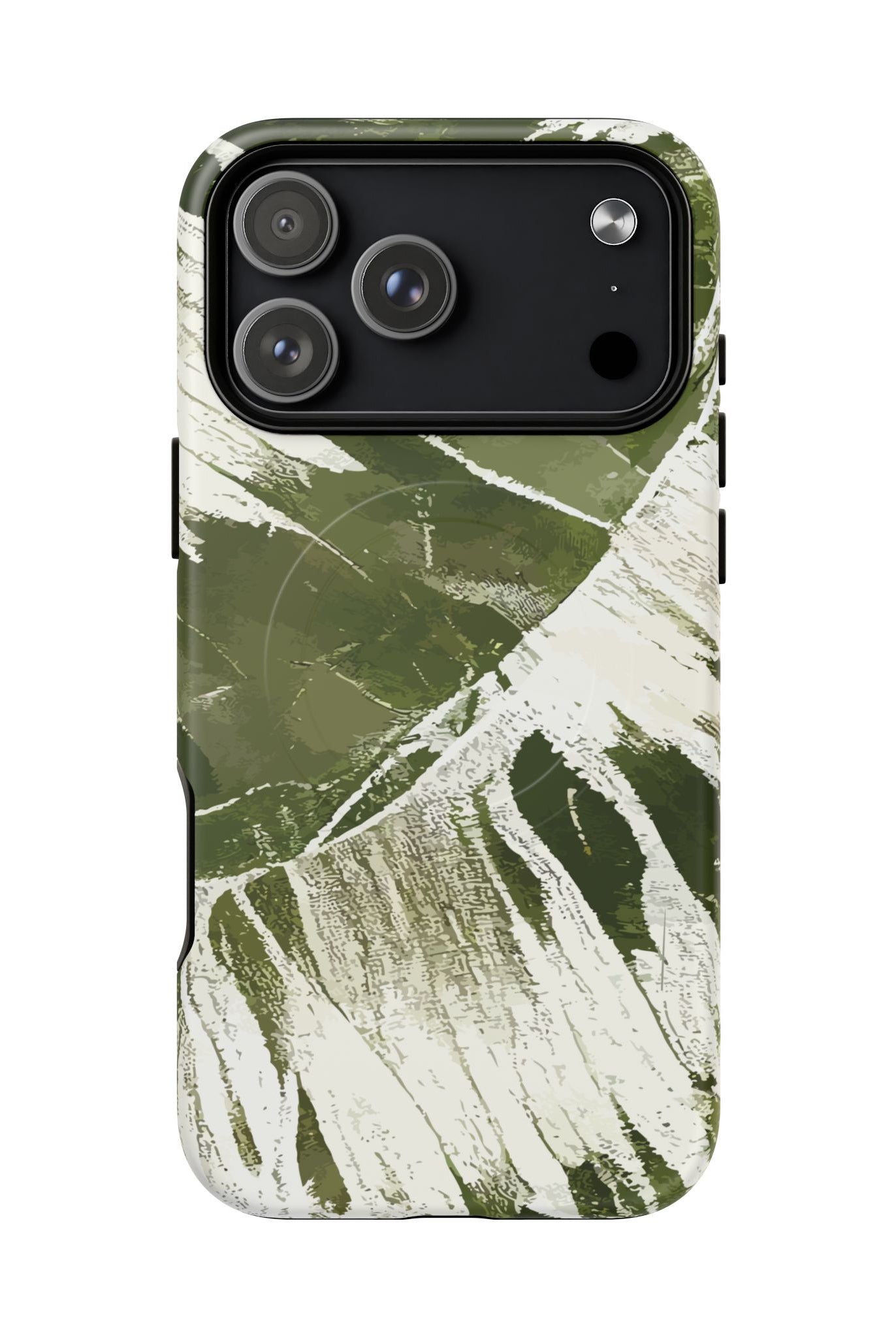Woman holding Island Breeze MagSafe iPhone Case - Hawaiian Palm Leaf Olive Green Botanical Design - The Local Banyan