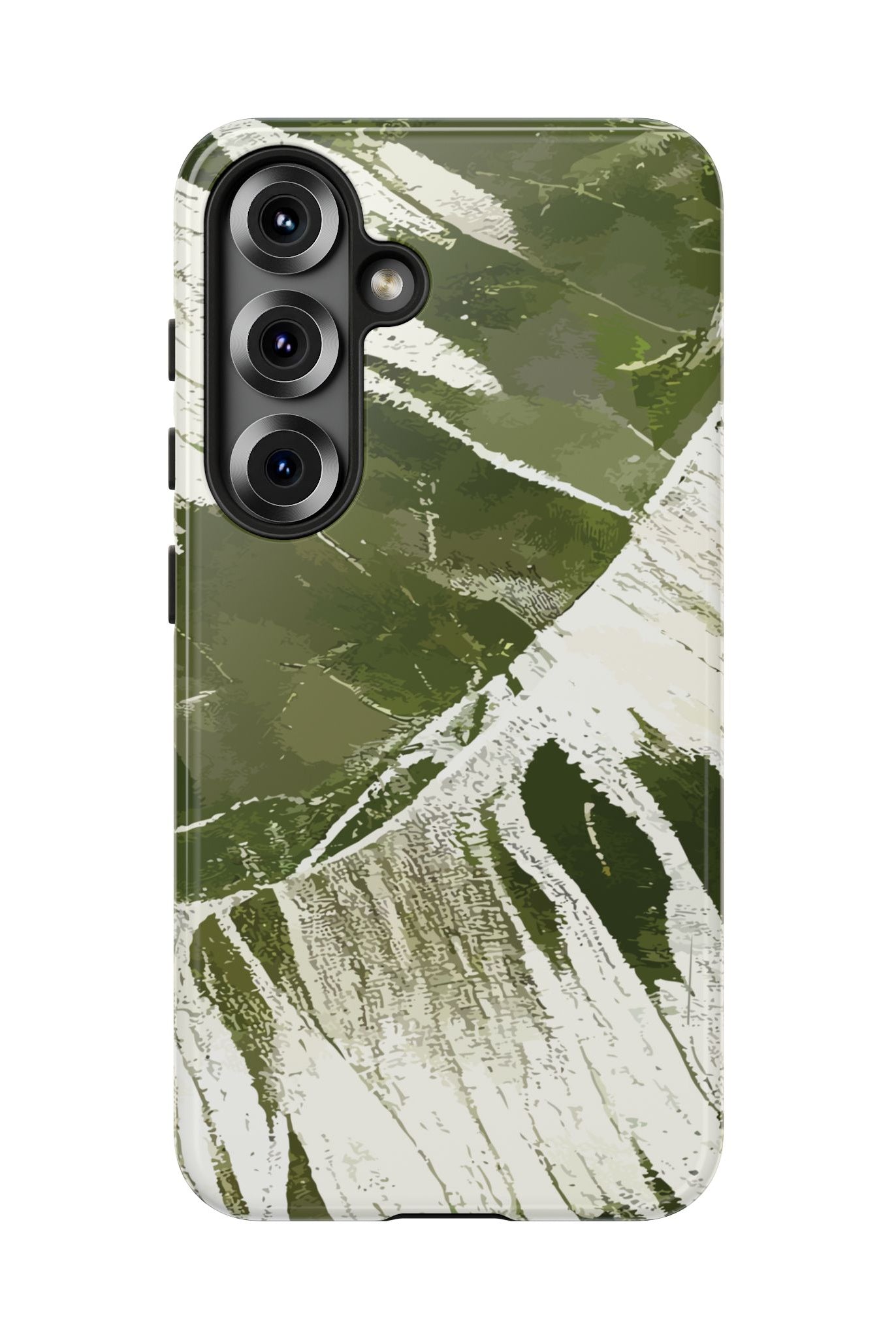 Woman holding Island Breeze Tough Samsung Galaxy Case - Hawaiian Palm Leaf Olive Green Botanical Design - The Local Banyan