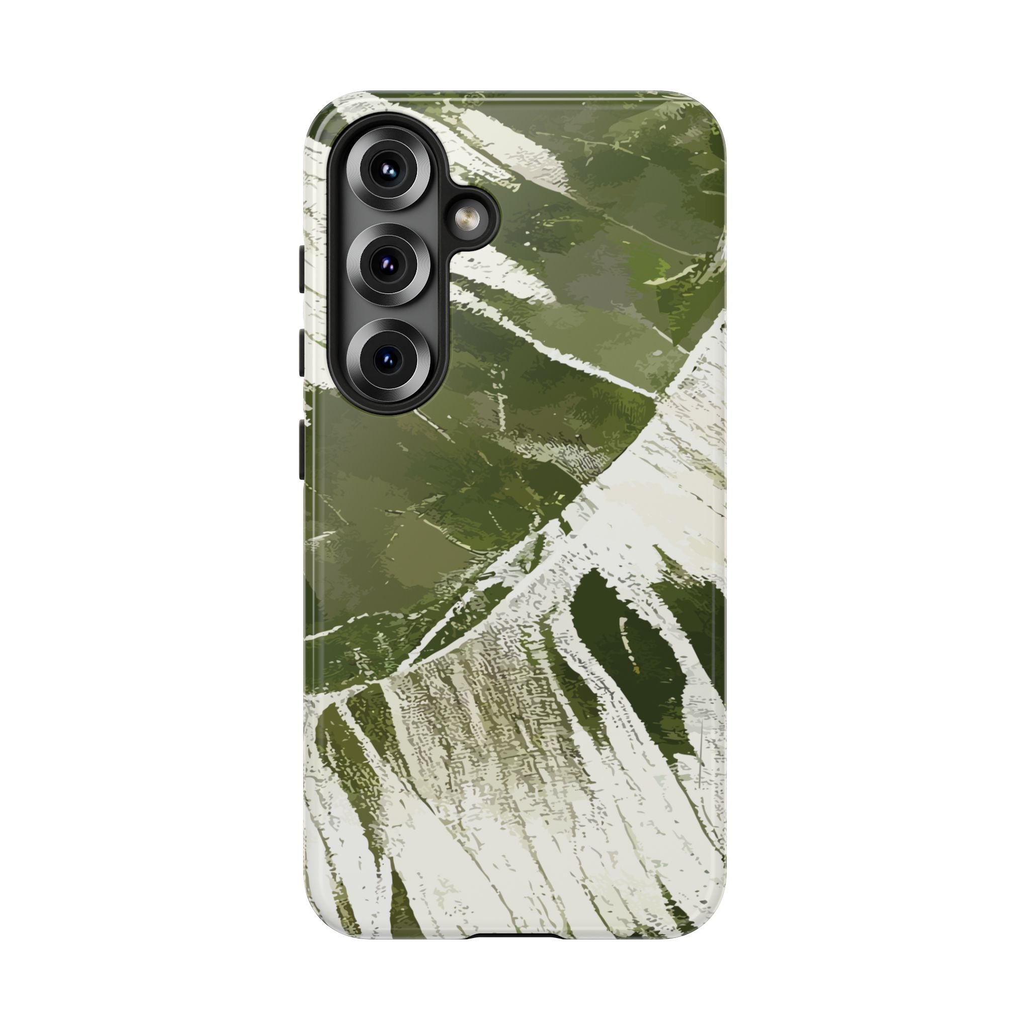 Woman holding Island Breeze Tough Samsung Galaxy Case - Hawaiian Palm Leaf Olive Green Botanical Design - The Local Banyan