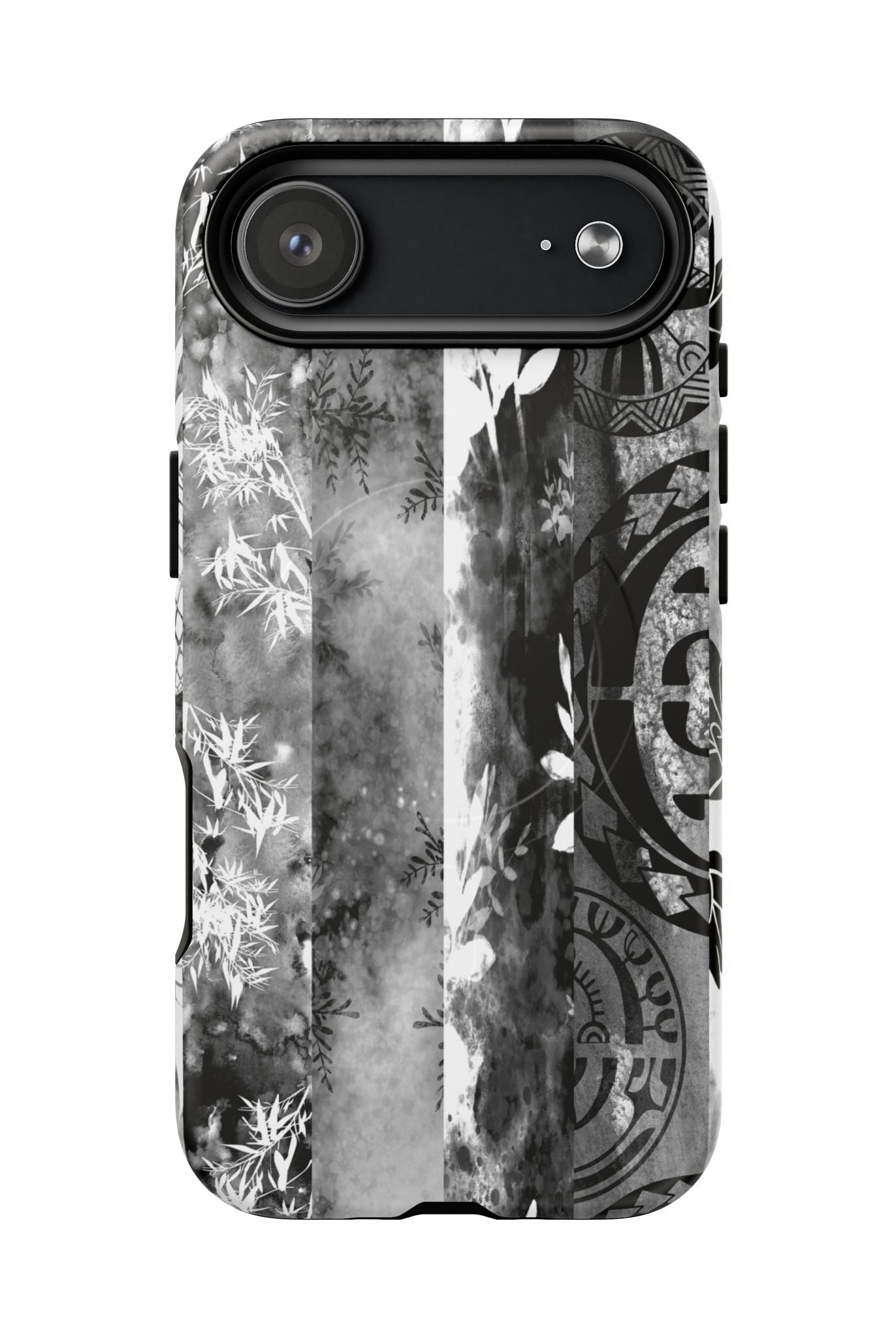 Woman holding Monochrome Oasis MagSafe iPhone Case - Hawaiian Black White Botanical Tribal Design - The Local Banyan