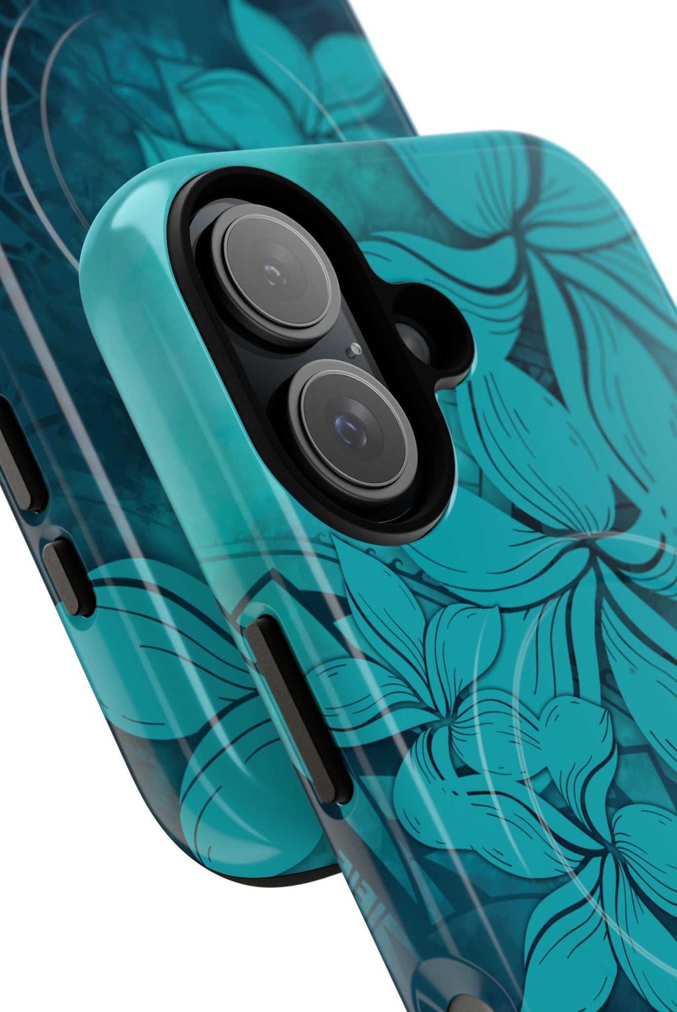 Woman holding Moana Bloom MagSafe iPhone Case - Hawaiian Teal Plumeria Ocean Tribal Design - The Local Banyan