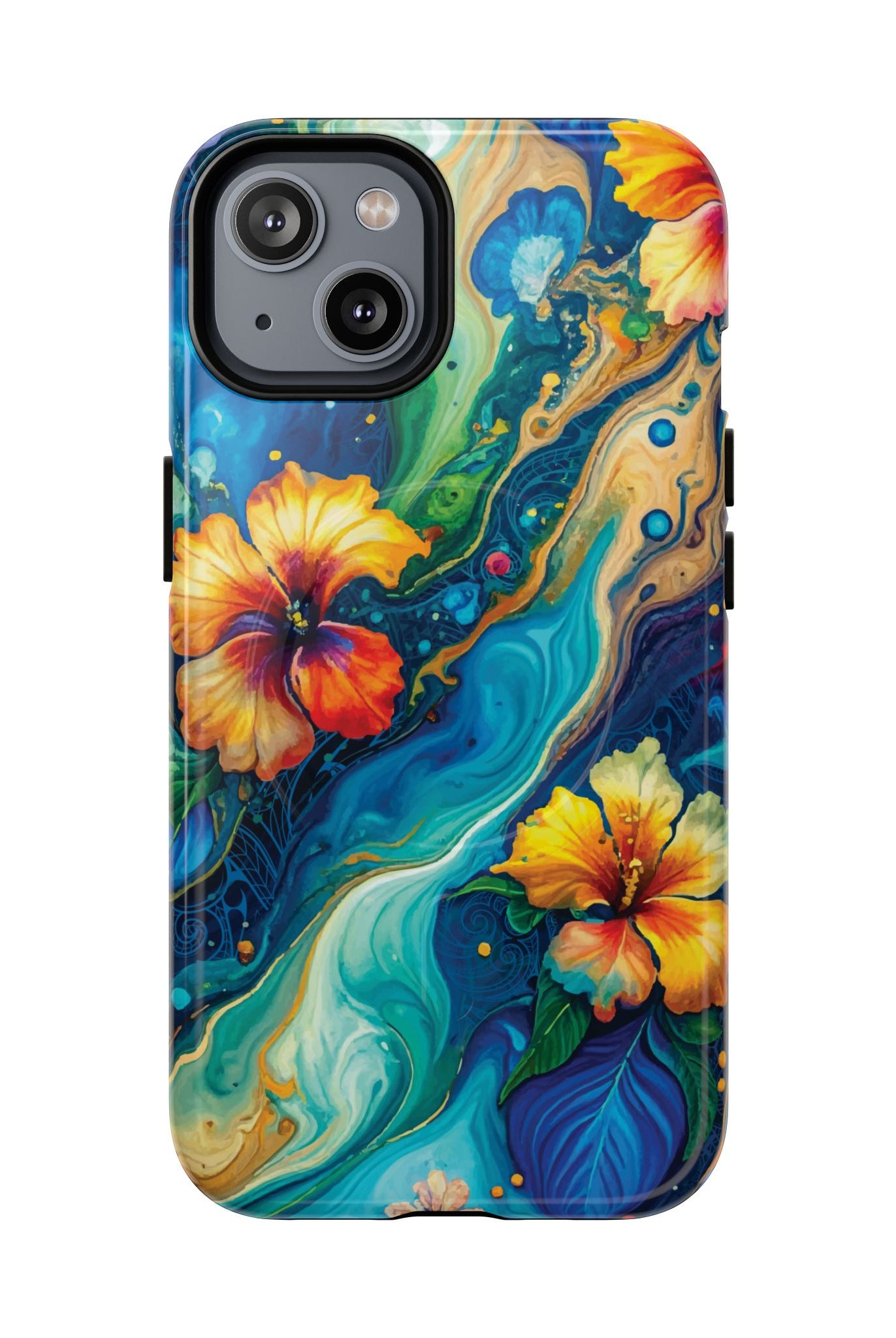 Aloalo Drift MagSafe iPhone Case iPhone 14 Glossy - Hawaiian Hibiscus Teal Ocean Wave Design - The Local Banyan