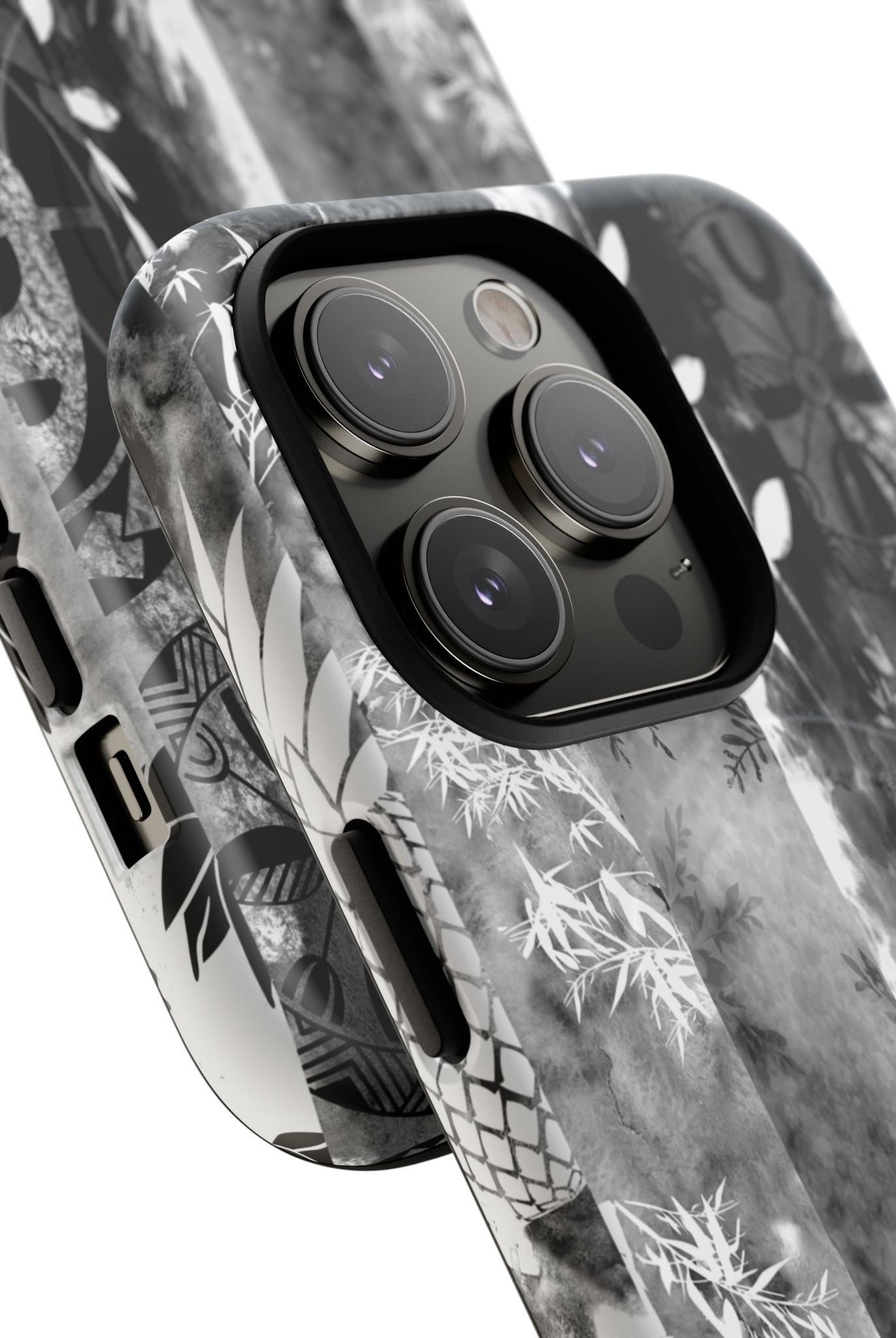 Woman holding Monochrome Oasis MagSafe iPhone Case - Hawaiian Black White Botanical Tribal Design - The Local Banyan