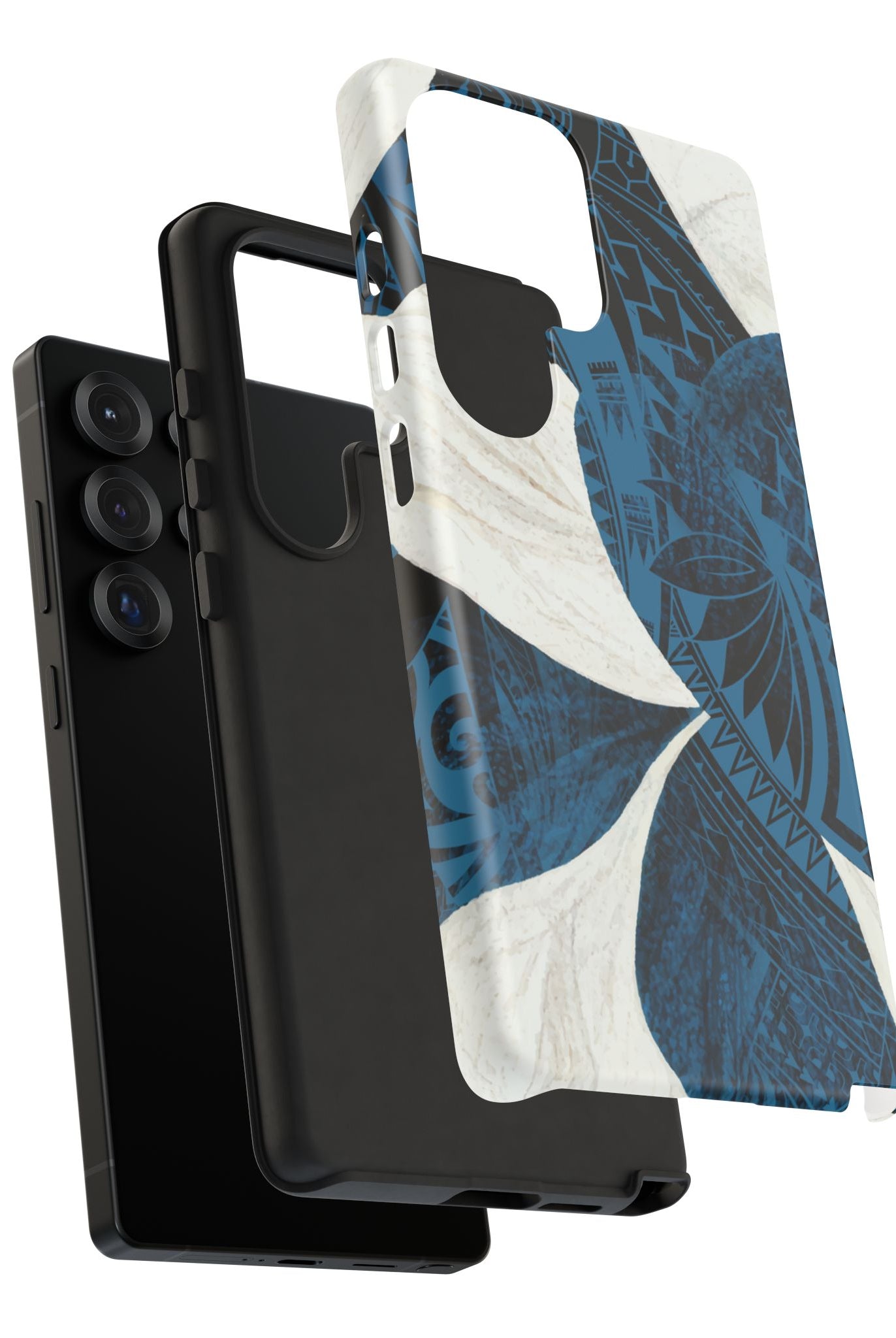 Woman holding Hana Breeze Tough Samsung Galaxy Case - Hawaiian Blue Plumeria Polynesian Botanical Design - The Local Banyan