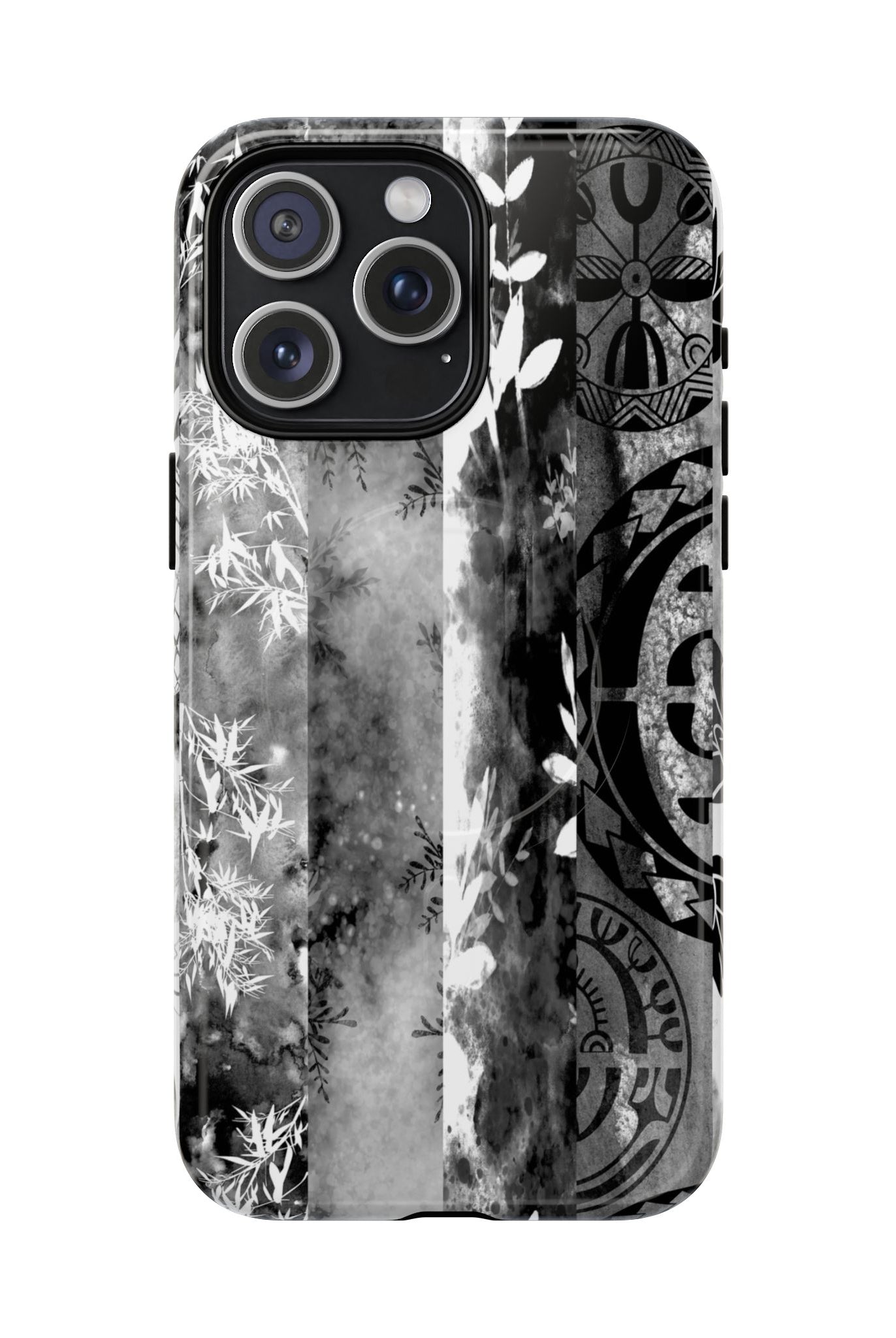 Monochrome Oasis MagSafe iPhone Case iPhone 15 Pro Max Glossy - Hawaiian Black White Botanical Tribal Design - The Local Banyan