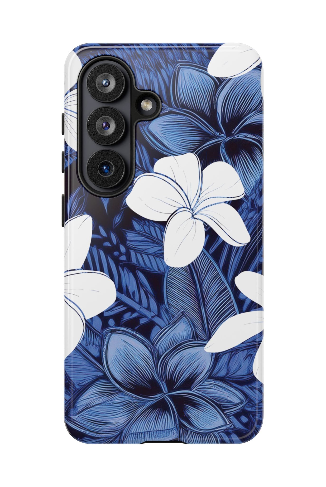 Woman holding Eternal Blue Plumeria Tough Samsung Galaxy Case - Hawaiian Blue Plumeria Ocean Floral Design - The Local Banyan