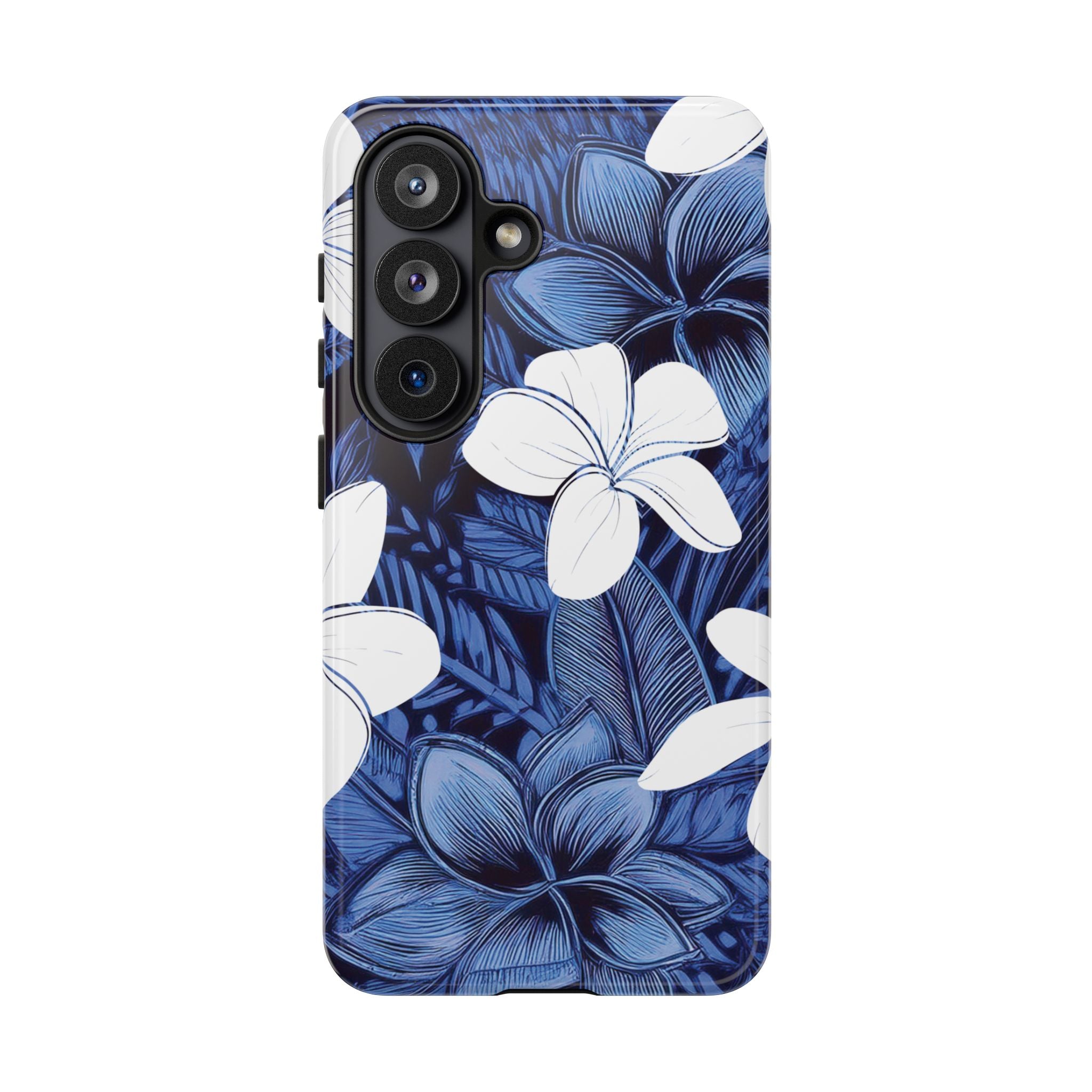 Woman holding Eternal Blue Plumeria Tough Samsung Galaxy Case - Hawaiian Blue Plumeria Ocean Floral Design - The Local Banyan