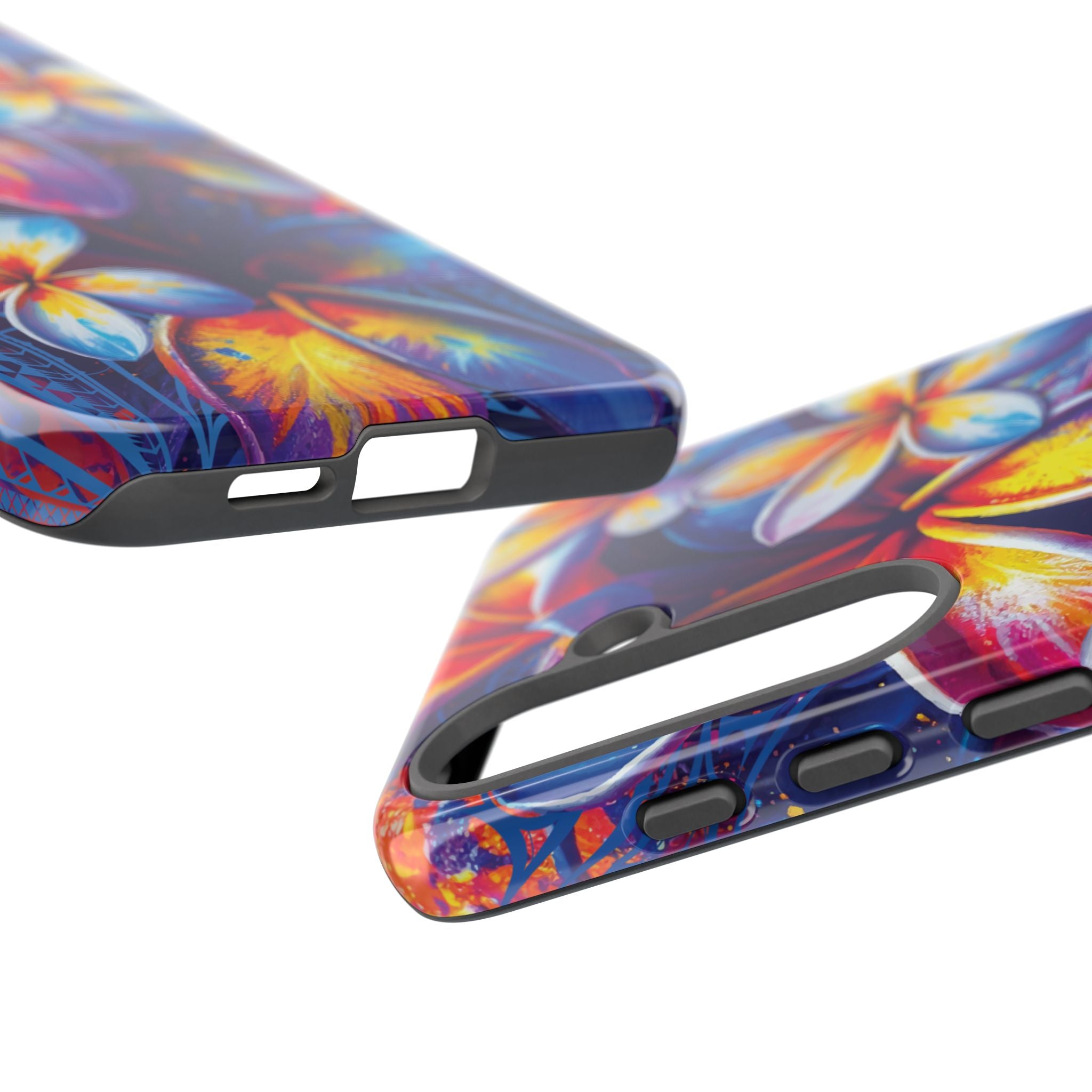Woman holding Sunset Ink Tough Samsung Galaxy Case - Hawaiian Plumeria Street Art Graffiti Tropical Design - The Local Banyan
