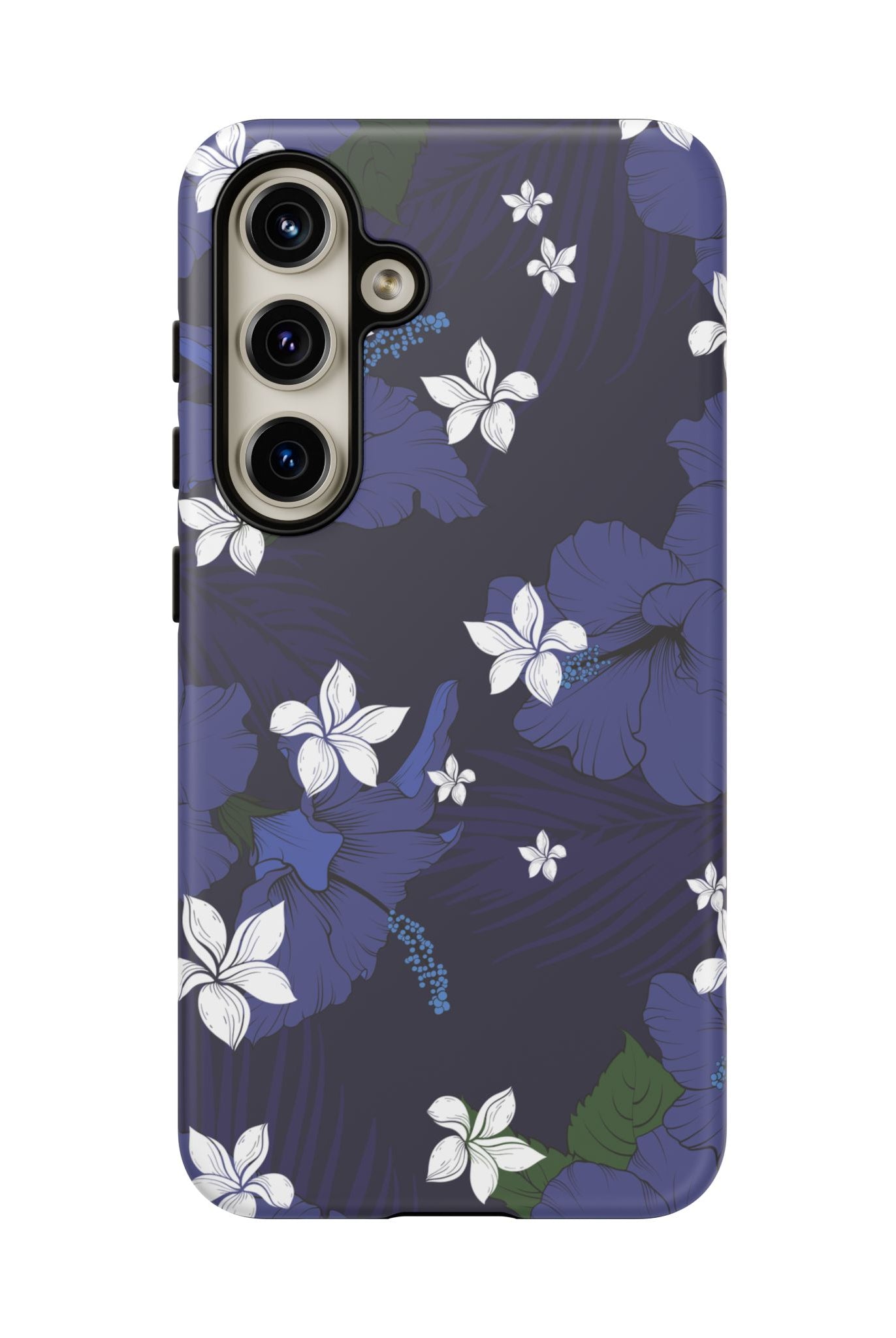 Woman holding Vintage Blue Tough Samsung Galaxy Case - Hawaiian Indigo Hibiscus White Plumeria Design - The Local Banyan