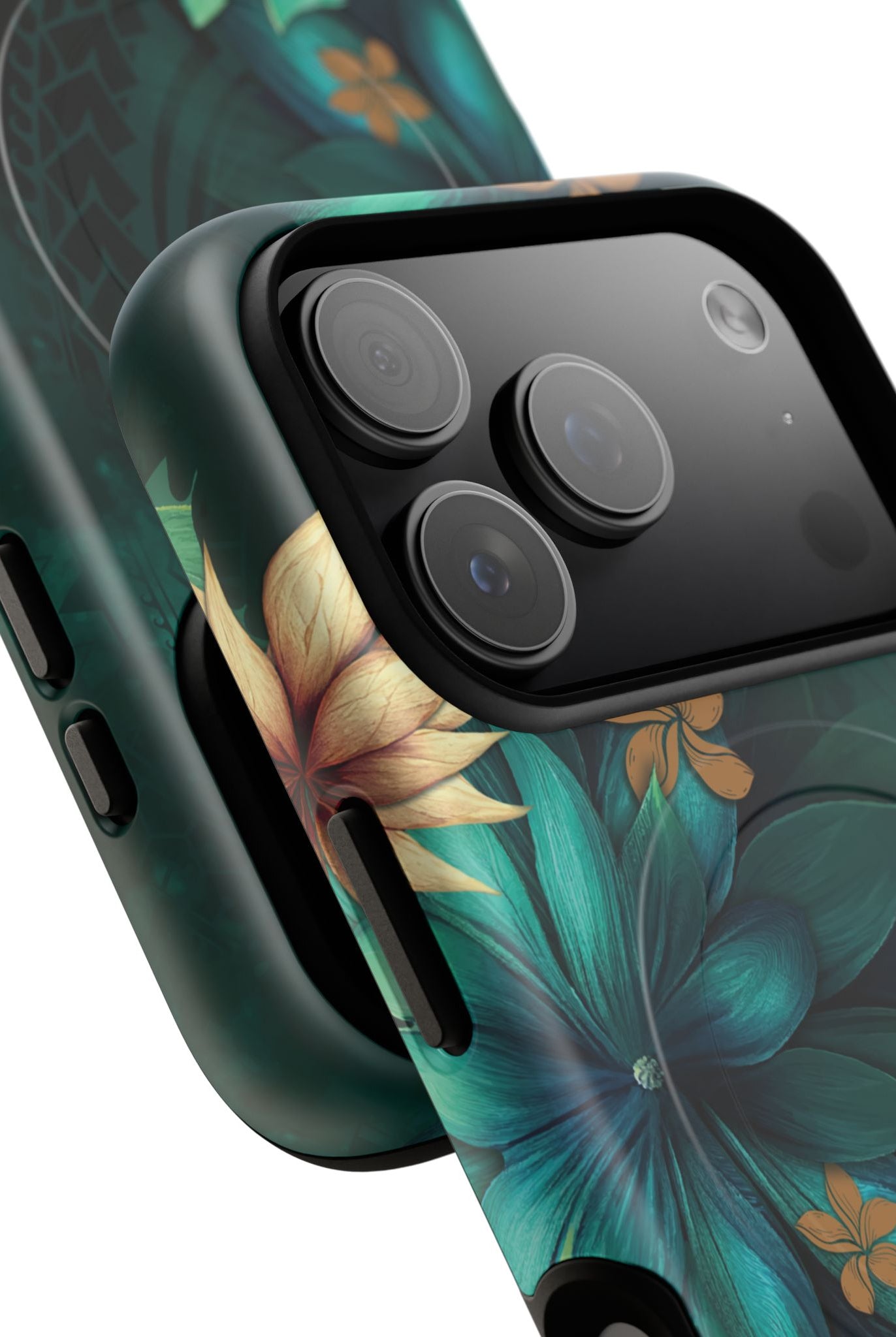 Aloha Whispers MagSafe iPhone Case Detail View - Hawaiian Abstract Green Floral Polynesian Design Close Up - The Local Banyan
