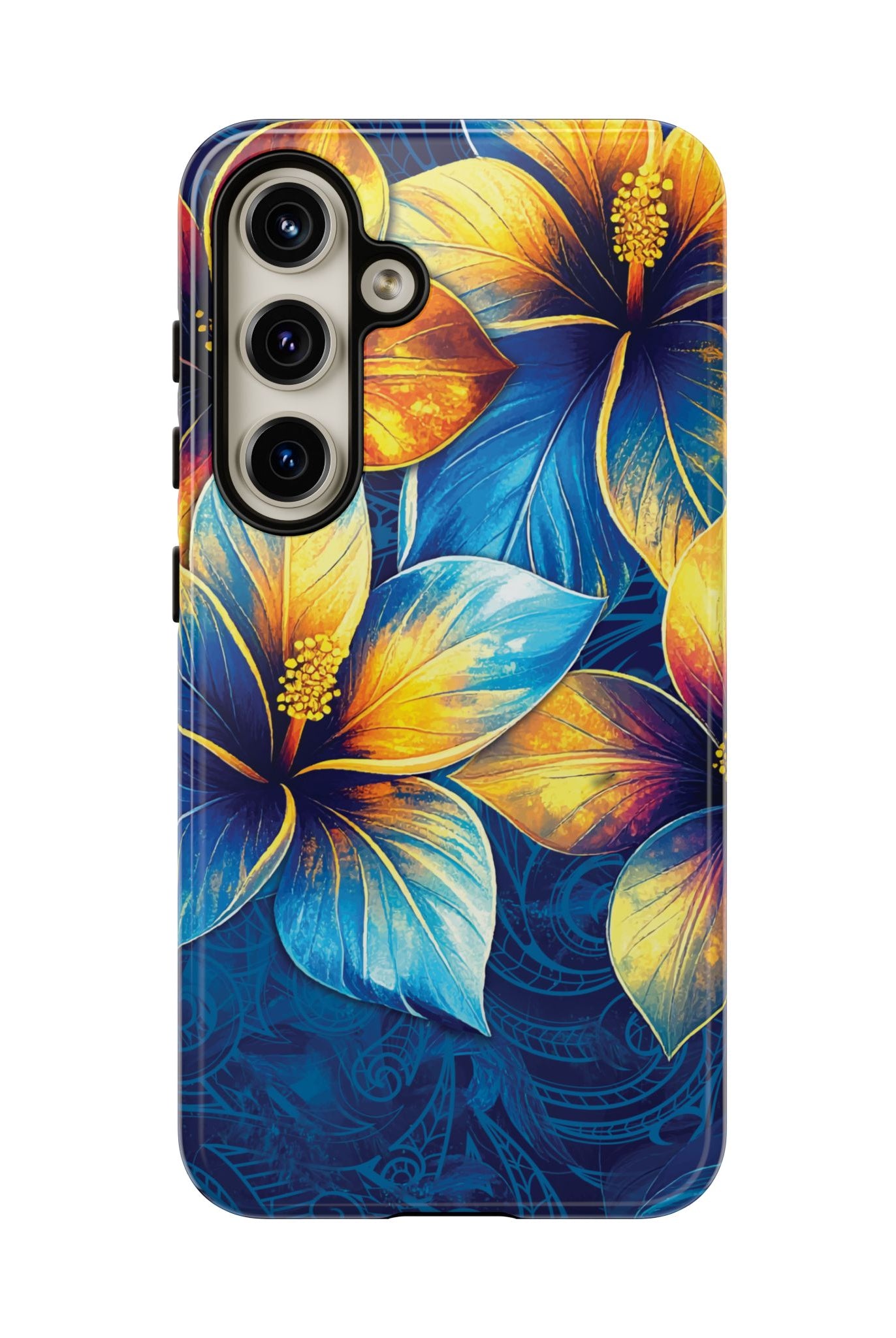 Woman holding Pua La Tough Samsung Galaxy Case - Hawaiian Golden Hibiscus Sun Flower Sapphire Design - The Local Banyan