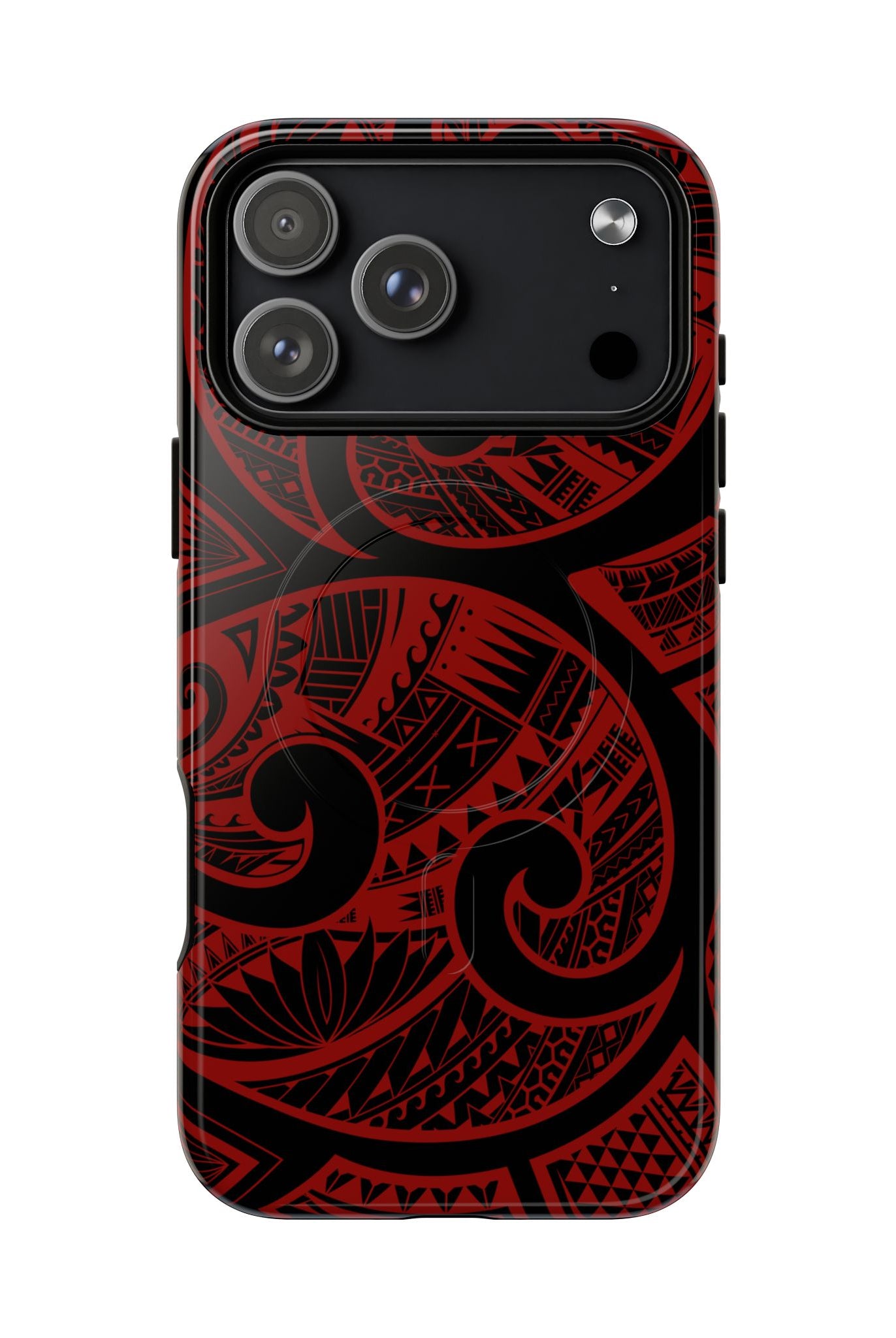 Woman holding Island Tribal MagSafe iPhone Case - Hawaiian Crimson Red Polynesian Tribal Design - The Local Banyan