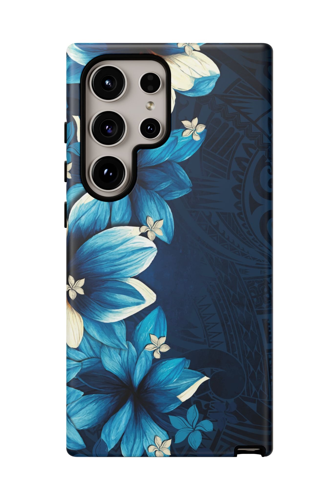 Leilani Nights Tough Samsung Galaxy Case Detail View - Hawaiian Dark Blue Floral Polynesian Design Close Up - The Local Banyan