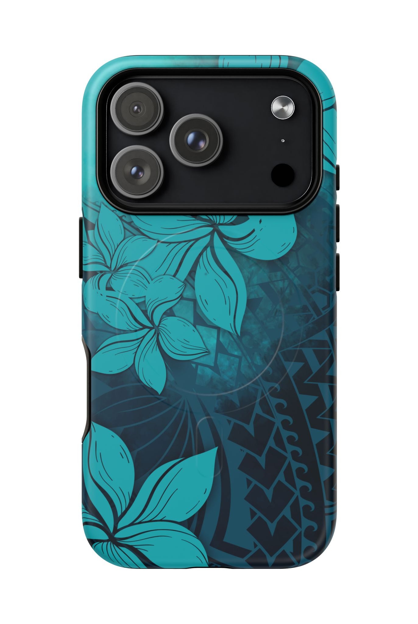 Moana Bloom MagSafe iPhone Case Detail View - Hawaiian Teal Plumeria Ocean Tribal Design Close Up - The Local Banyan