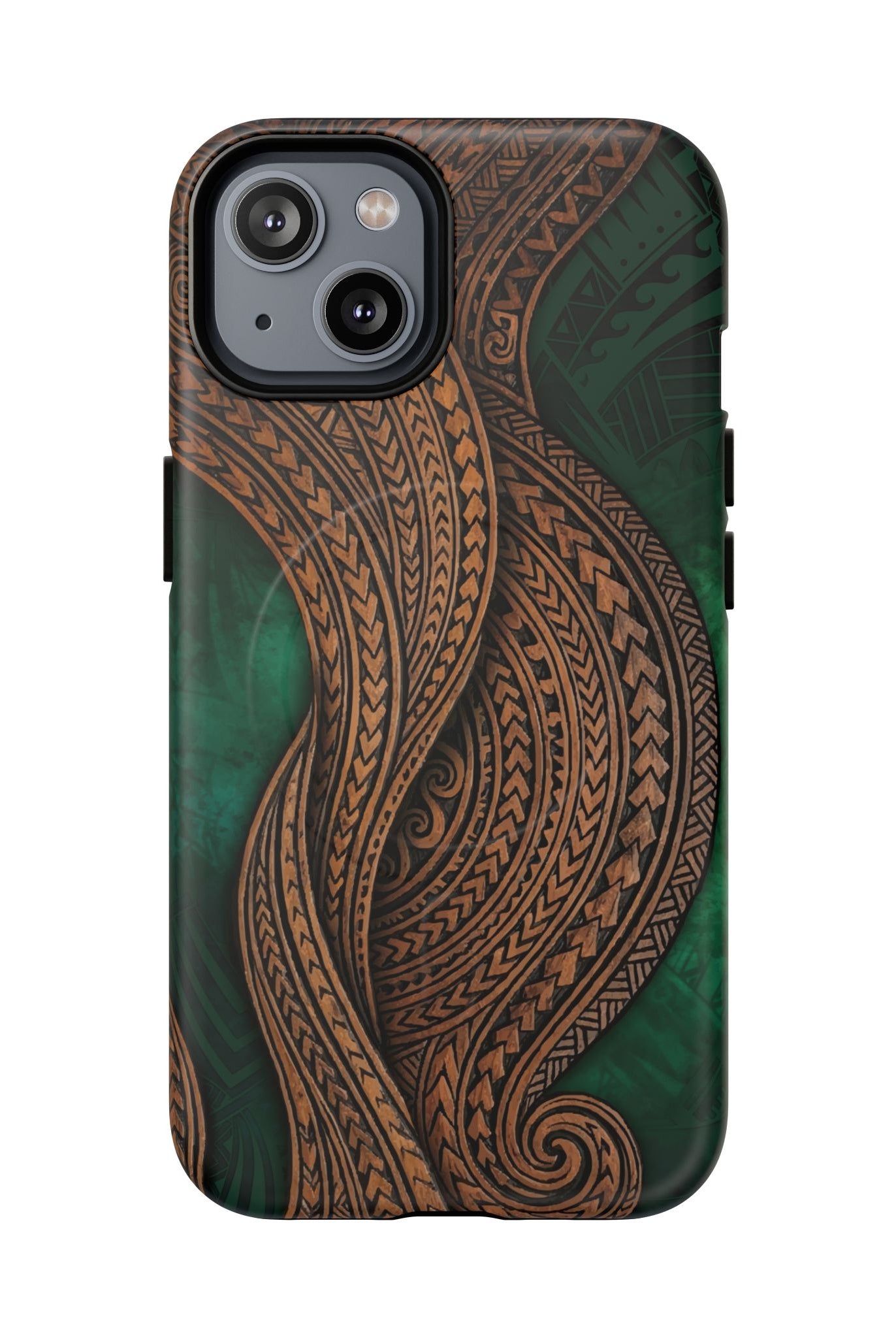 Island Kalai MagSafe iPhone Case iPhone 14 Matte - Hawaiian Carved Wood Grain Emerald Green Tribal Design - The Local Banyan