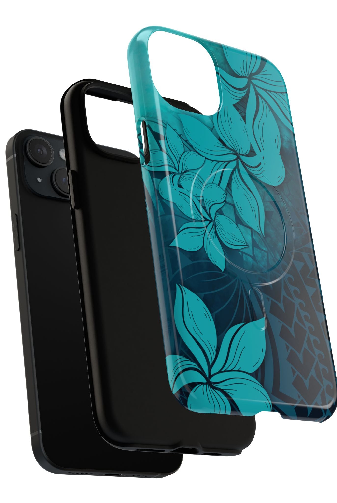 Moana Bloom MagSafe iPhone Case Detail View - Hawaiian Teal Plumeria Ocean Tribal Design Close Up - The Local Banyan