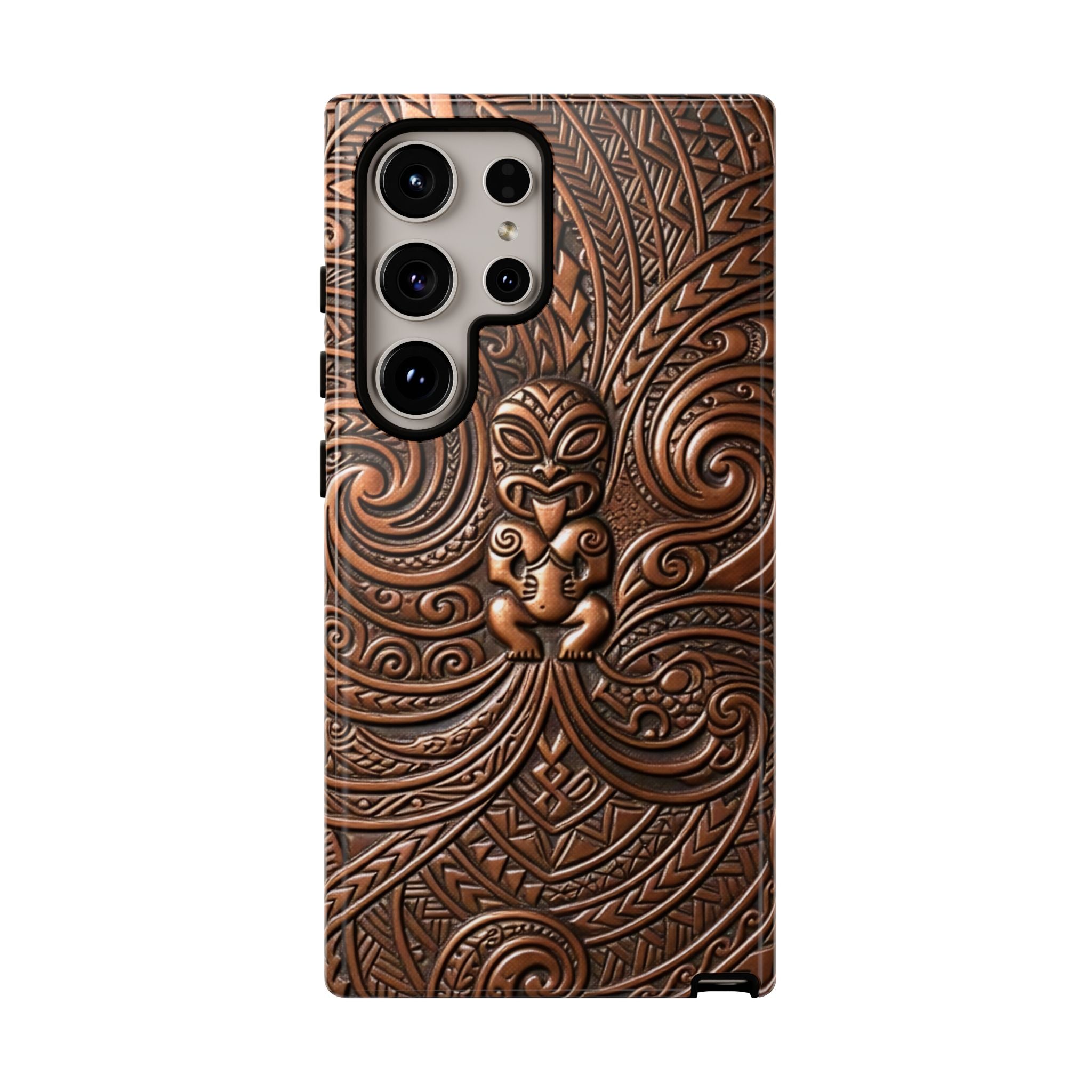 Woman holding Paa Guardian Tough Samsung Galaxy Case - Hawaiian Copper Carved Tiki Polynesian Design - The Local Banyan