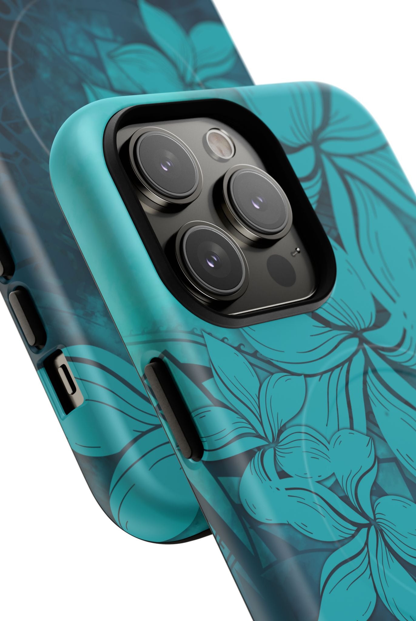 Moana Bloom MagSafe iPhone Case Detail View - Hawaiian Teal Plumeria Ocean Tribal Design Close Up - The Local Banyan