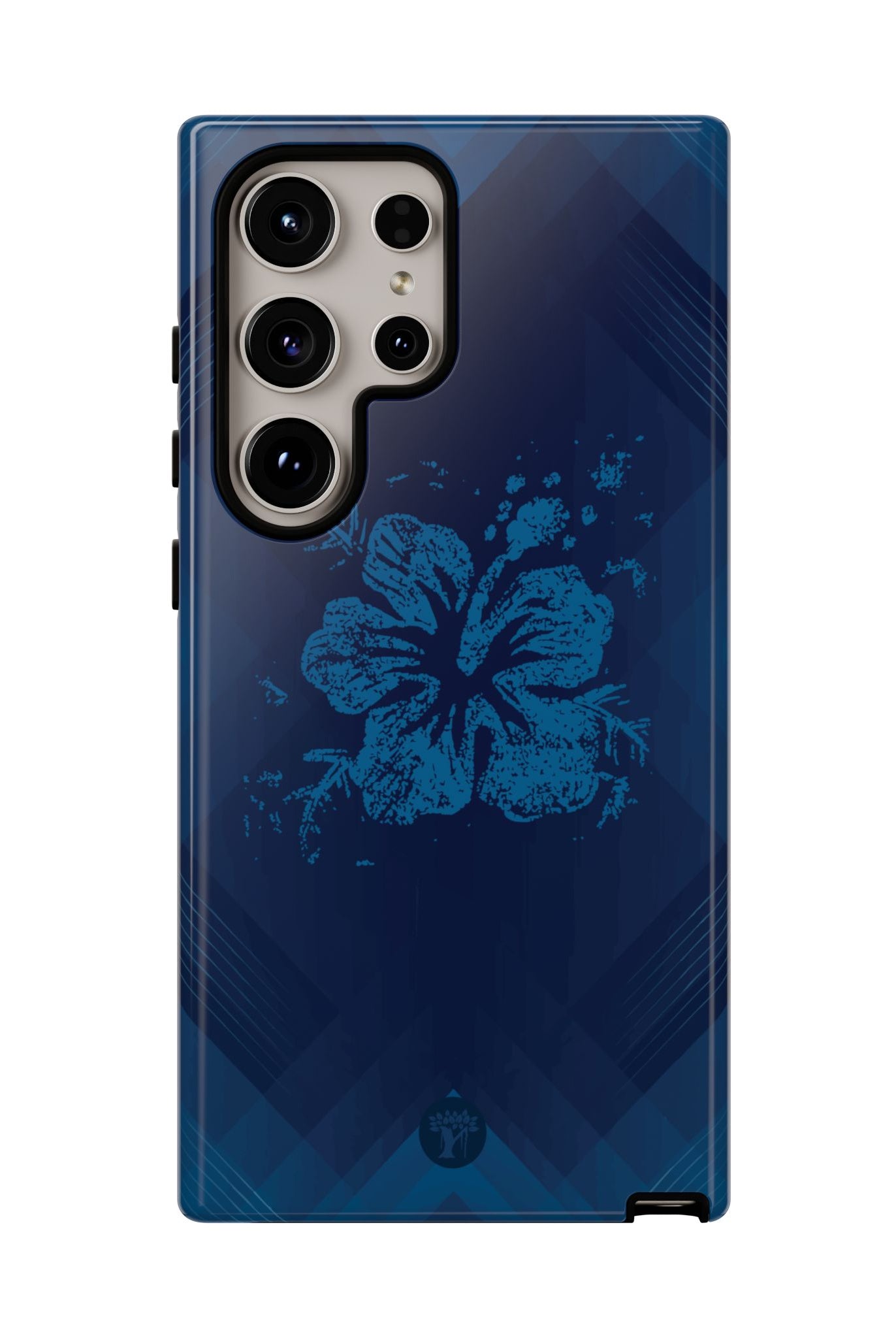 Woman holding Kikokiko Lehua Tough Samsung Galaxy Case - Hawaiian Navy Blue Geometric Hibiscus Design - The Local Banyan
