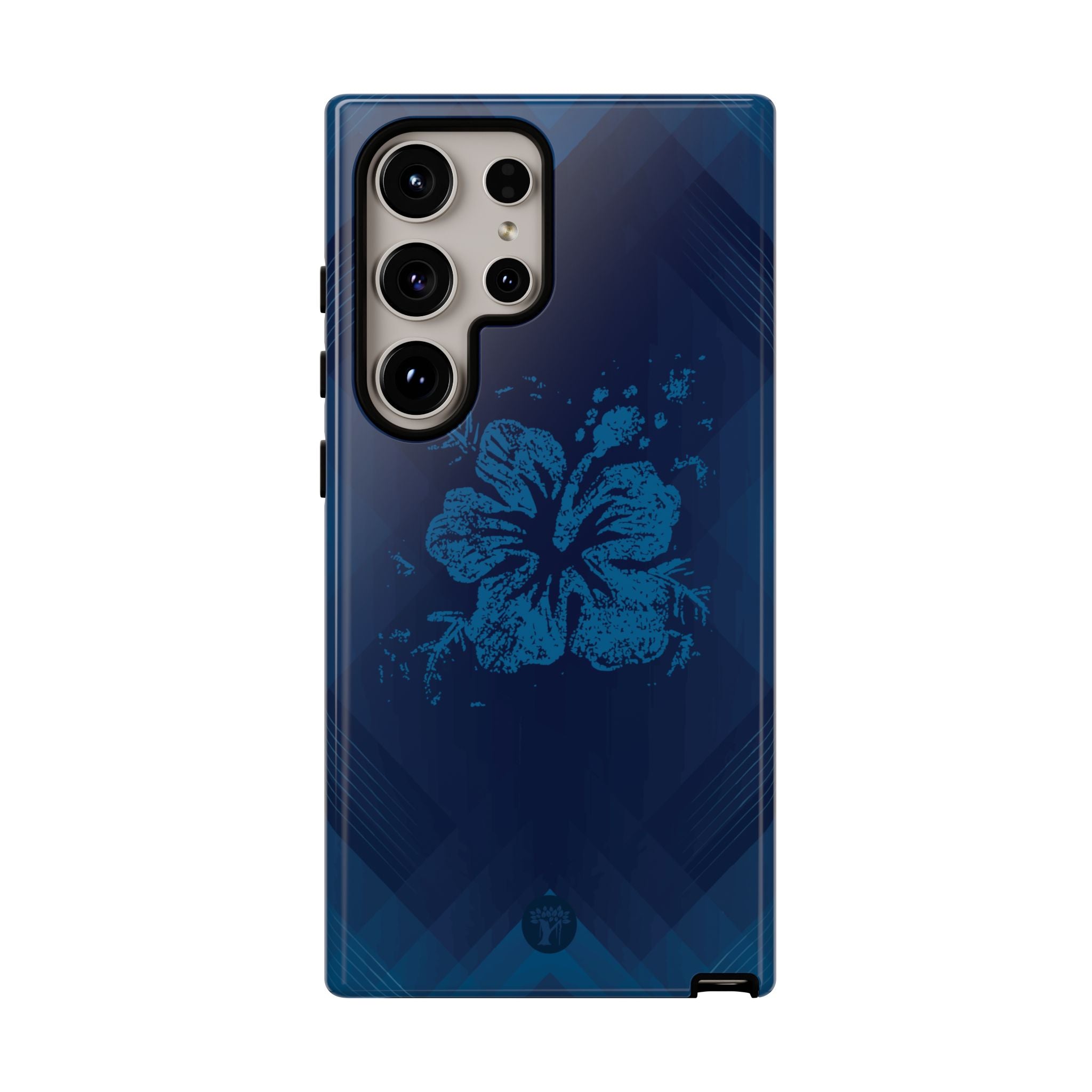 Woman holding Kikokiko Lehua Tough Samsung Galaxy Case - Hawaiian Navy Blue Geometric Hibiscus Design - The Local Banyan